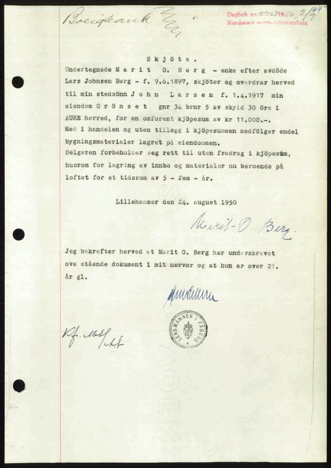 Nordmøre sorenskriveri, AV/SAT-A-4132/1/2/2Ca: Mortgage book no. A116, 1950-1950, Diary no: : 2763/1950