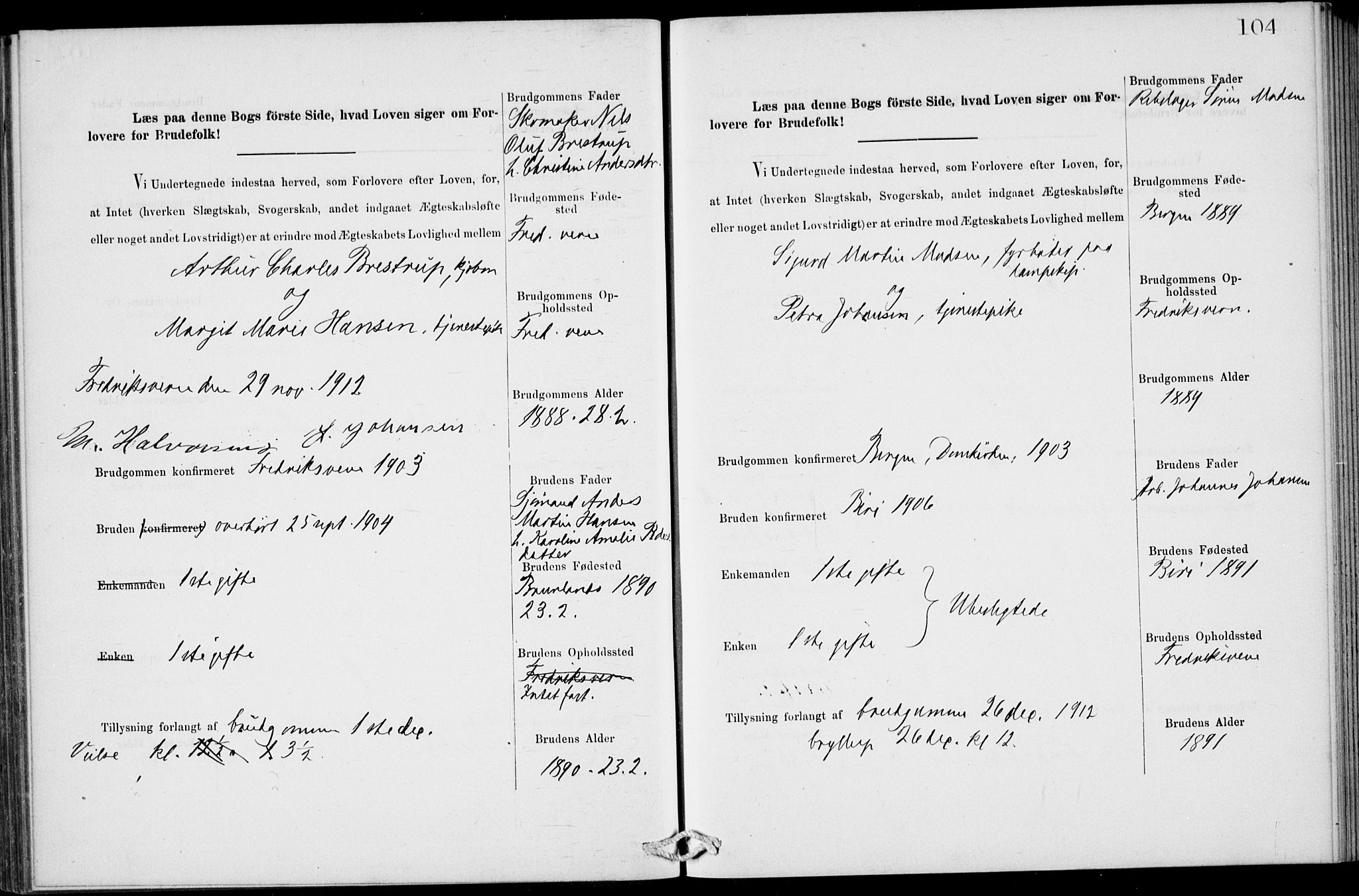 Stavern kirkebøker, SAKO/A-318/H/Ha/L0001: Banns register no. 1, 1875-1918, p. 104