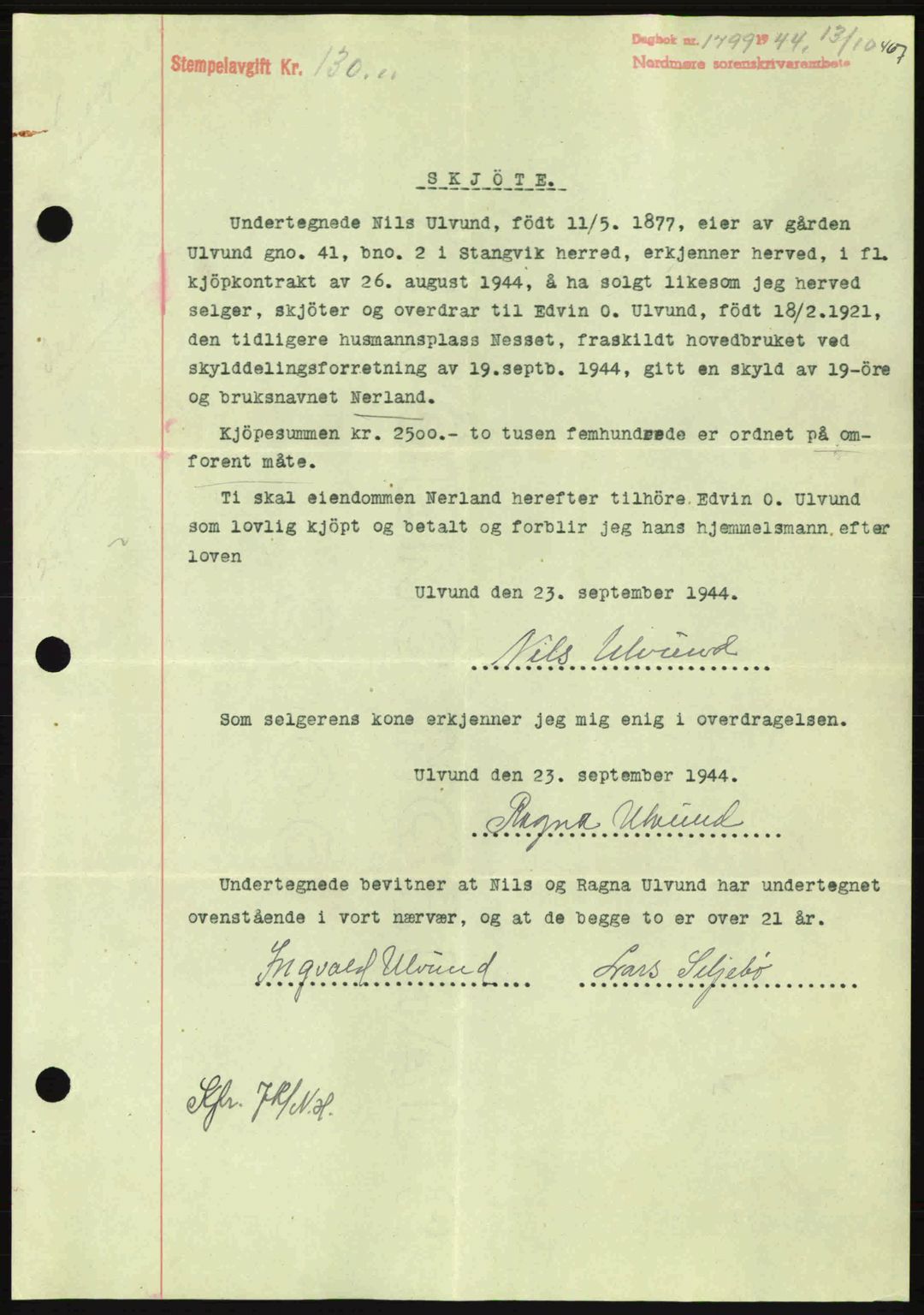 Nordmøre sorenskriveri, AV/SAT-A-4132/1/2/2Ca: Mortgage book no. A98, 1944-1944, Diary no: : 1799/1944