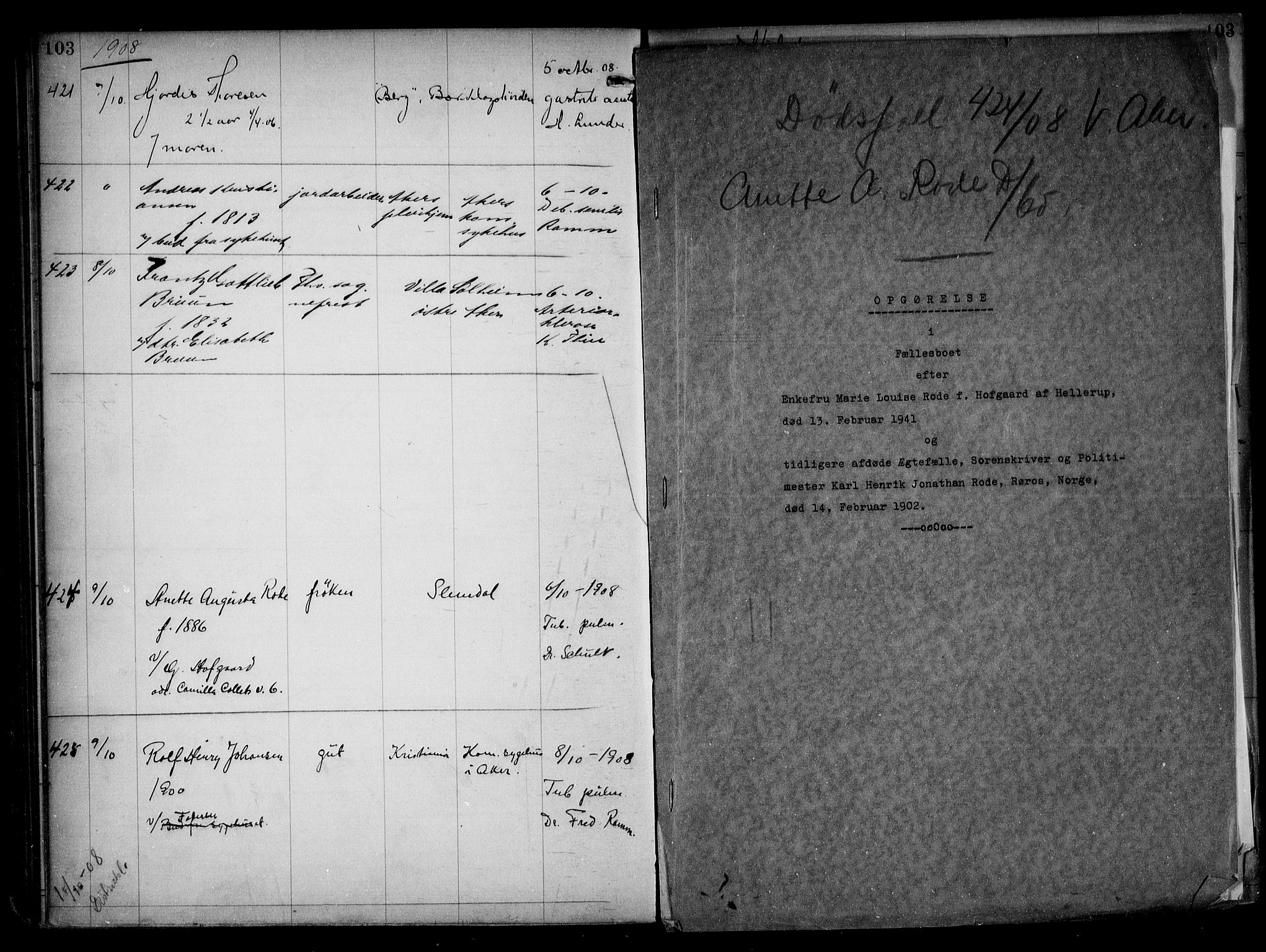 Aker kriminaldommer, skifte- og auksjonsforvalterembete, AV/SAO-A-10452/H/Hb/Hba/Hbaa/L0002: Dødsfallsprotokoll, 1907-1912