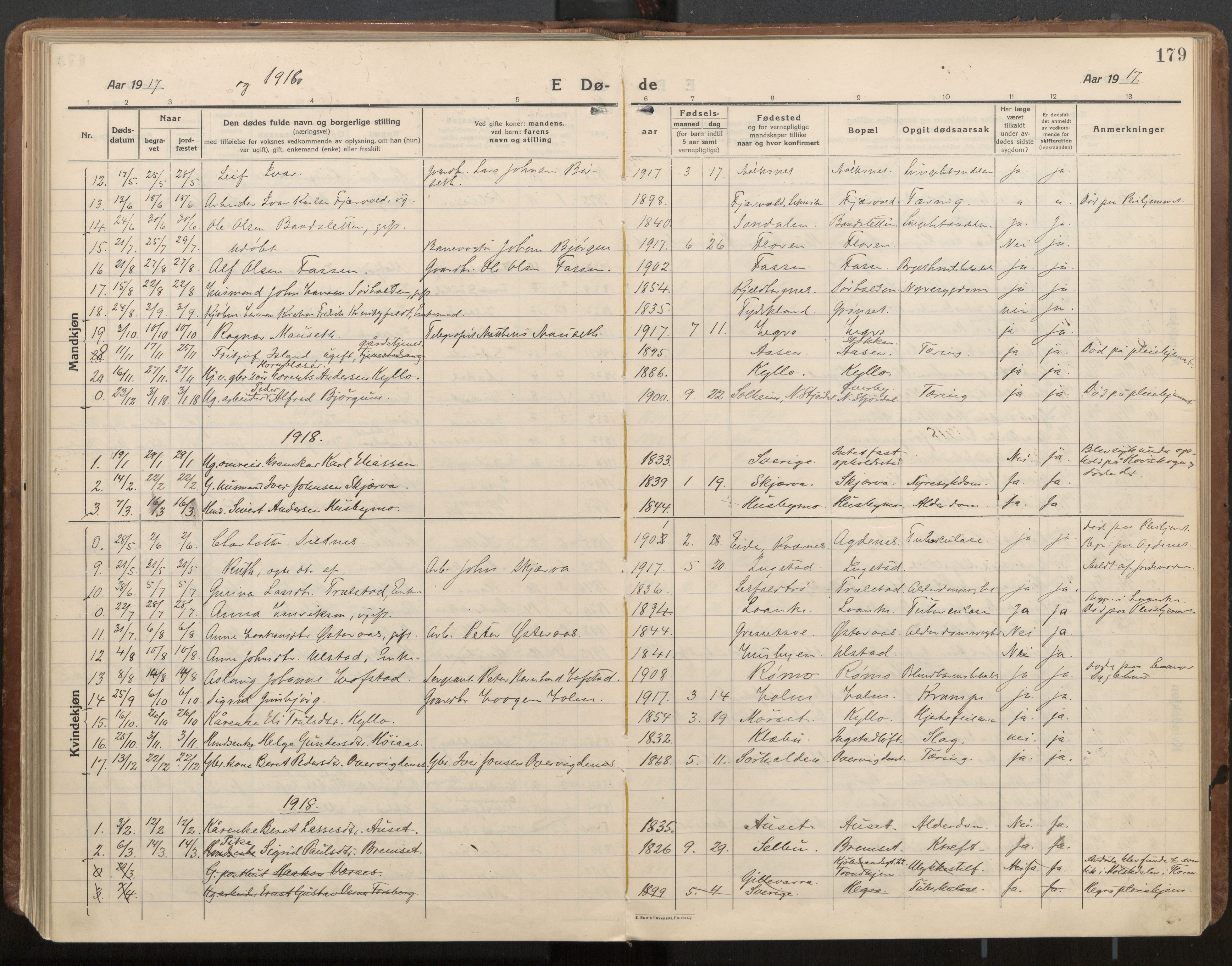 Ministerialprotokoller, klokkerbøker og fødselsregistre - Nord-Trøndelag, SAT/A-1458/703/L0037: Parish register (official) no. 703A10, 1915-1932, p. 179