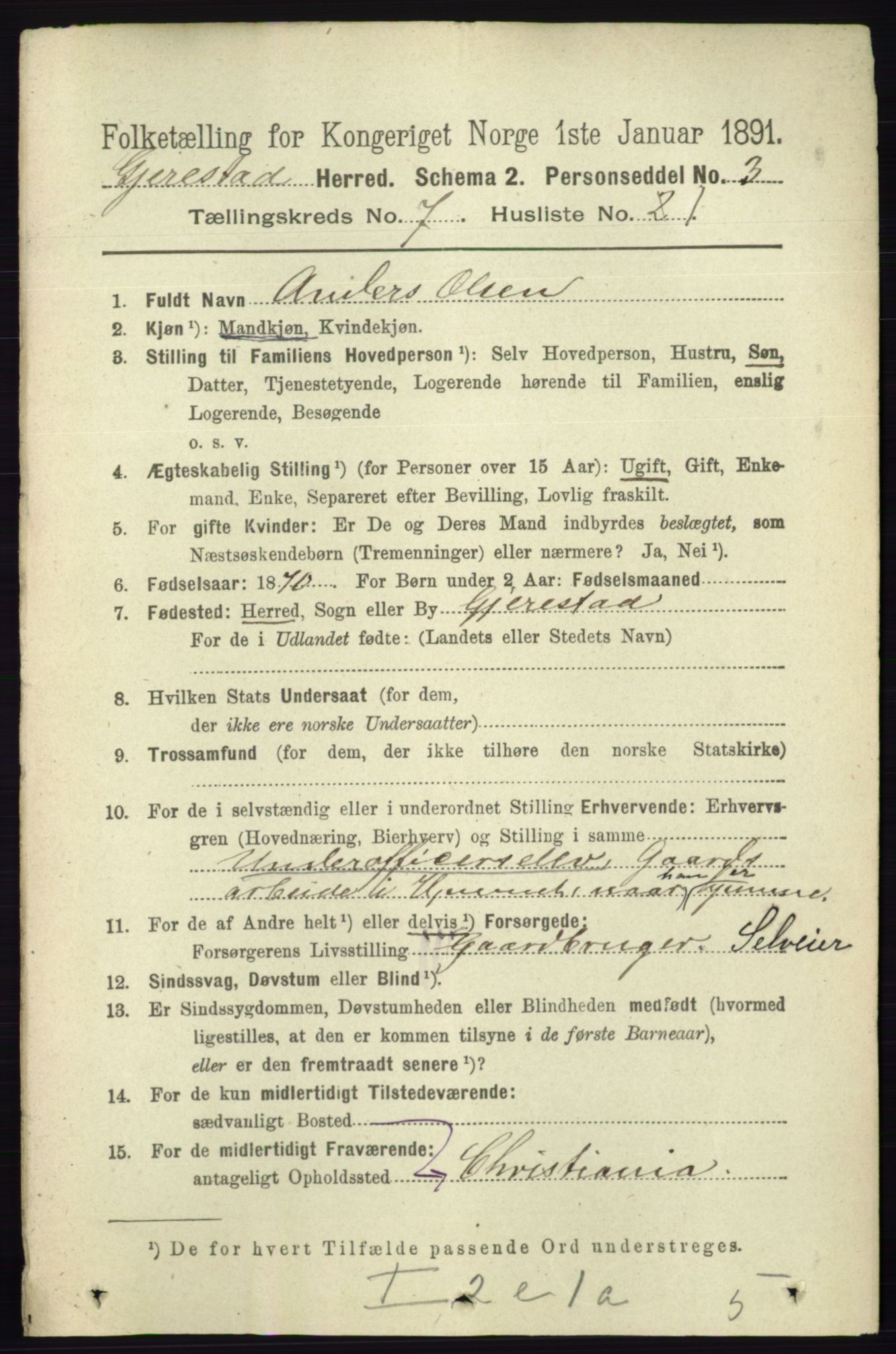 RA, 1891 census for 0911 Gjerstad, 1891, p. 2731