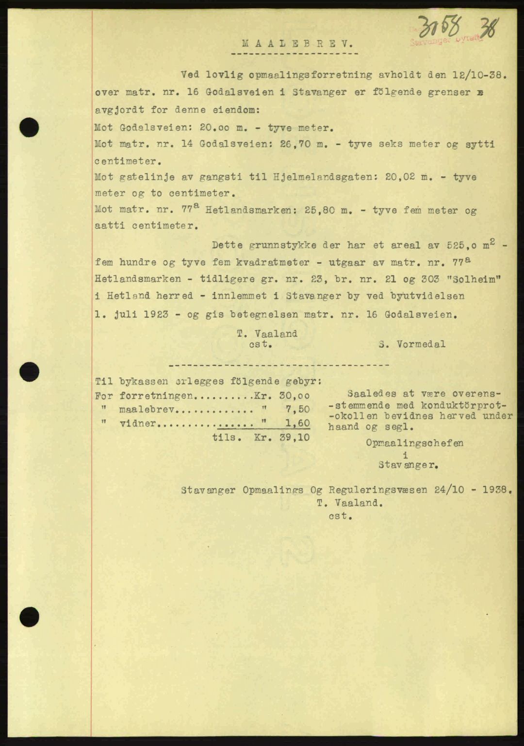 Stavanger byrett, SAST/A-100455/002/G/Gb/L0014: Mortgage book no. A4, 1938-1939, Diary no: : 3058/1938