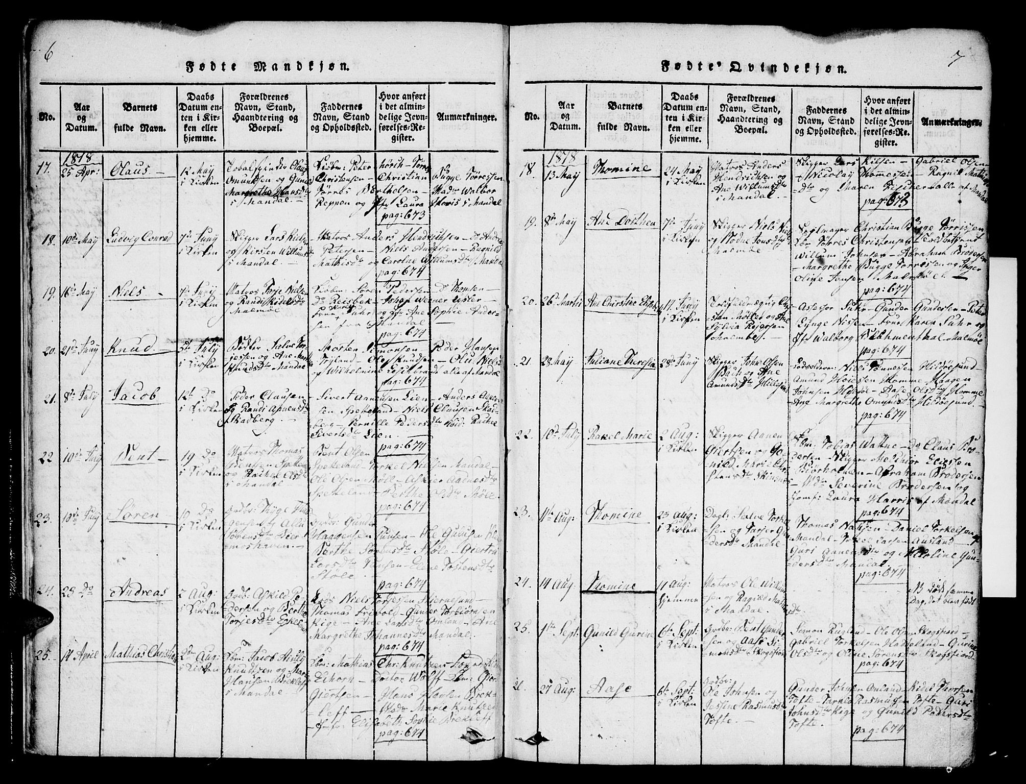 Mandal sokneprestkontor, AV/SAK-1111-0030/F/Fa/Faa/L0010: Parish register (official) no. A 10, 1817-1830, p. 6-7