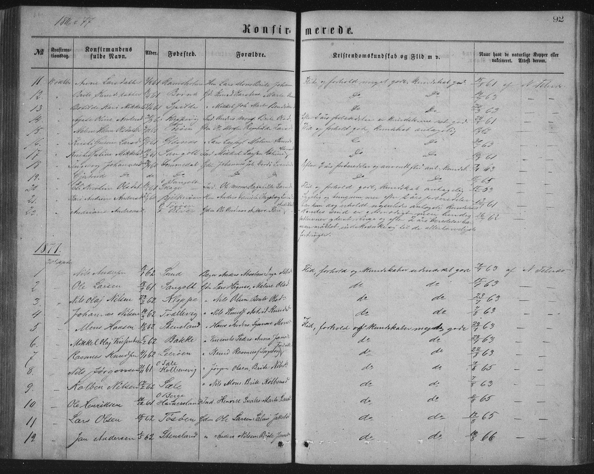 Sund sokneprestembete, AV/SAB-A-99930: Parish register (copy) no. B 2, 1874-1881, p. 92