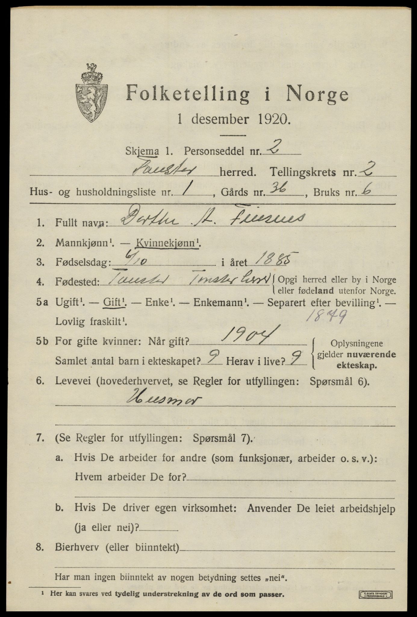 SAK, 1920 census for Tonstad, 1920, p. 724