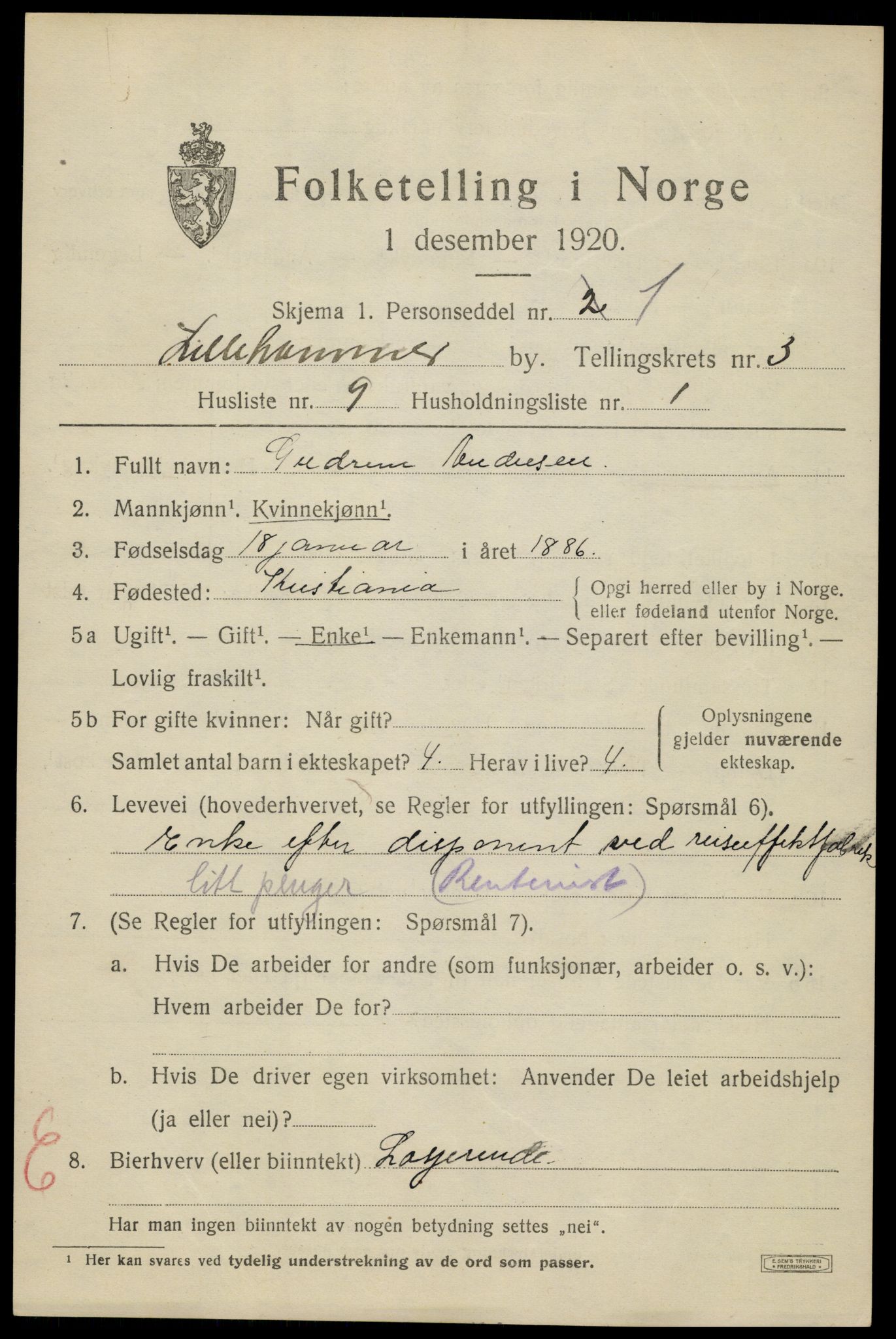 SAH, 1920 census for Lillehammer, 1920, p. 5804