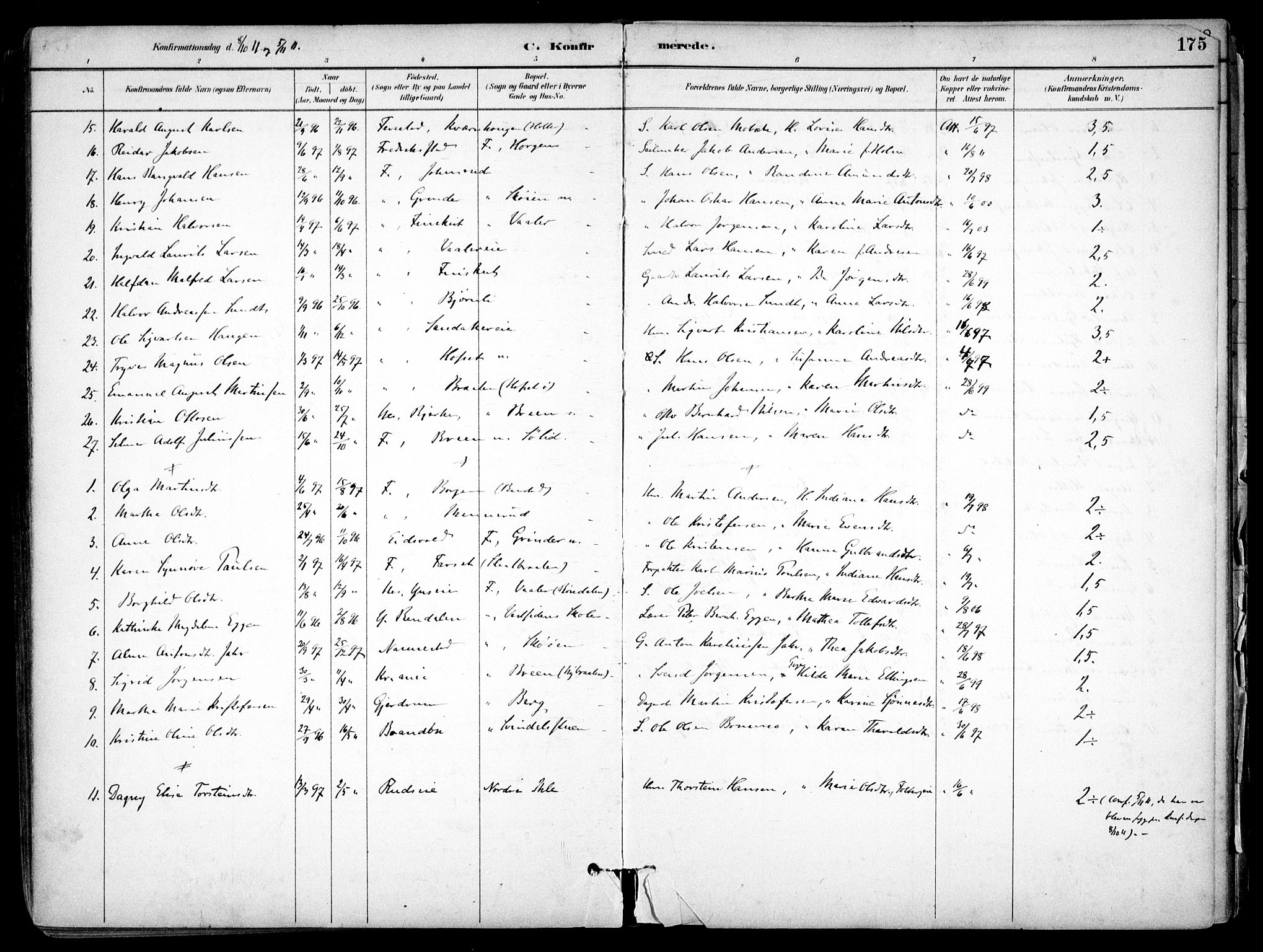 Nes prestekontor Kirkebøker, SAO/A-10410/F/Fb/L0002: Parish register (official) no. II 2, 1883-1918, p. 175
