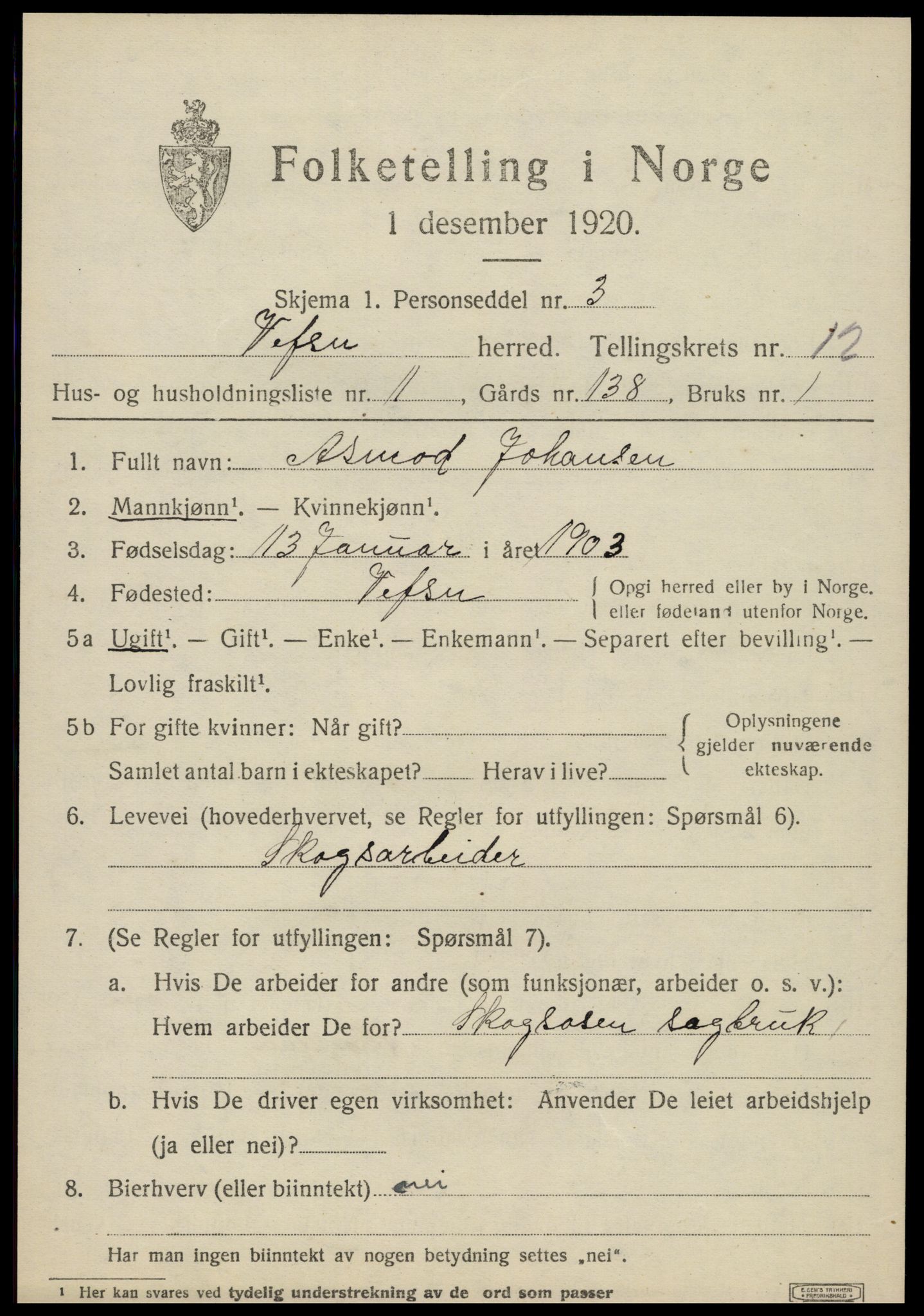 SAT, 1920 census for Vefsn, 1920, p. 9455