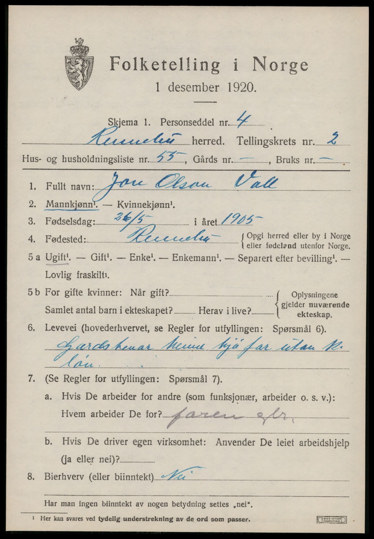 SAT, 1920 census for Rennebu, 1920, p. 1906