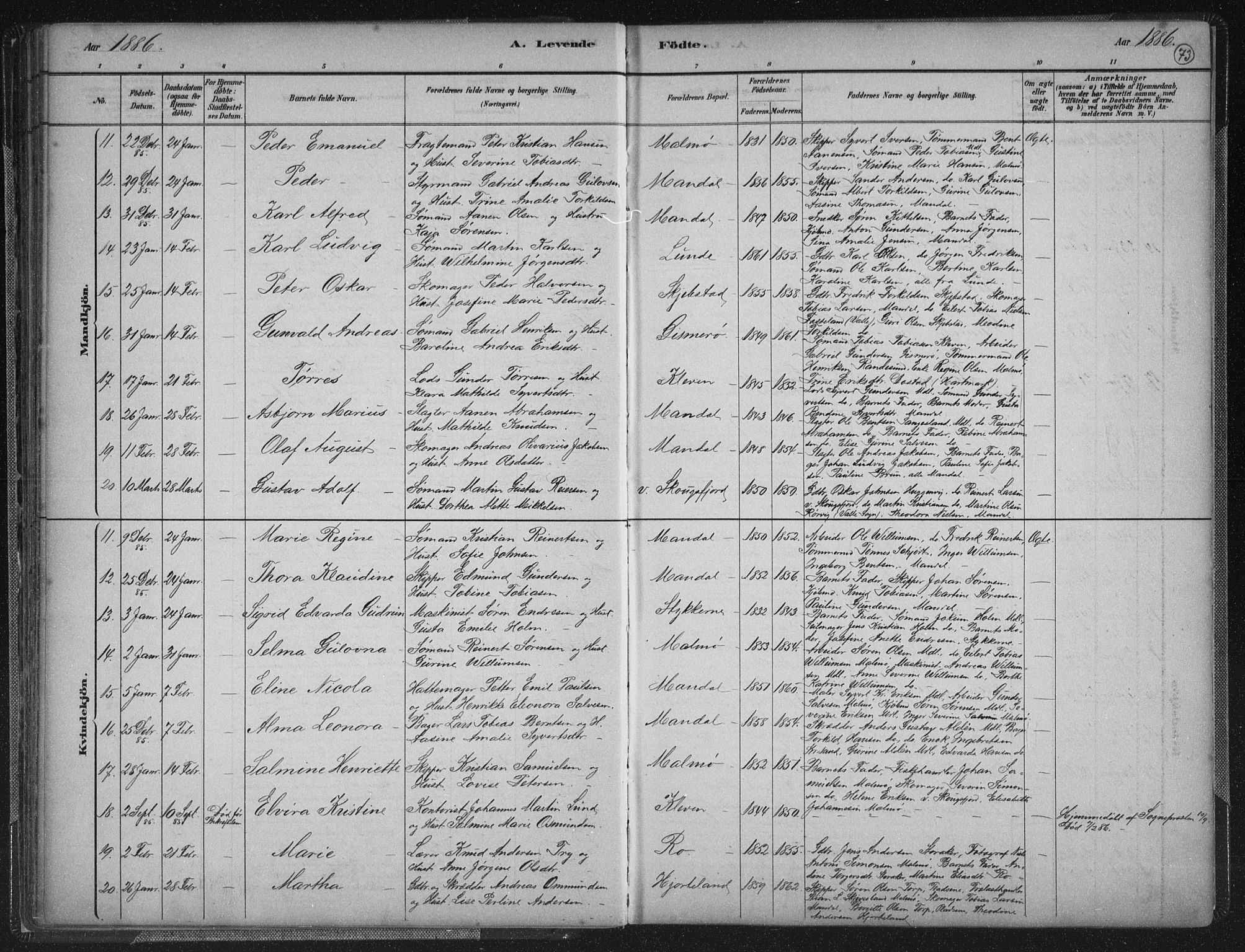 Mandal sokneprestkontor, AV/SAK-1111-0030/F/Fb/Fba/L0011: Parish register (copy) no. B 5, 1880-1898, p. 73