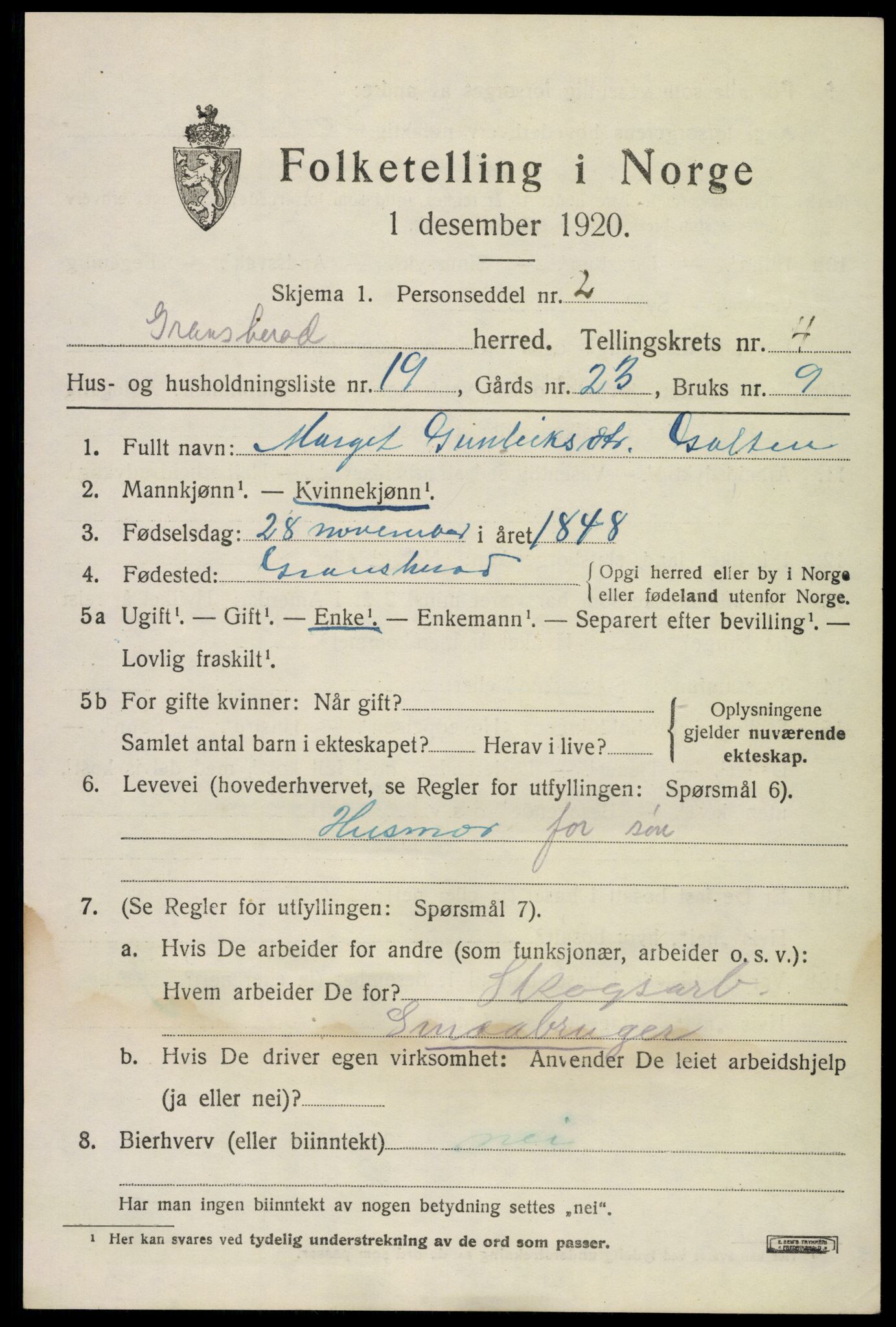 SAKO, 1920 census for Gransherad, 1920, p. 1962