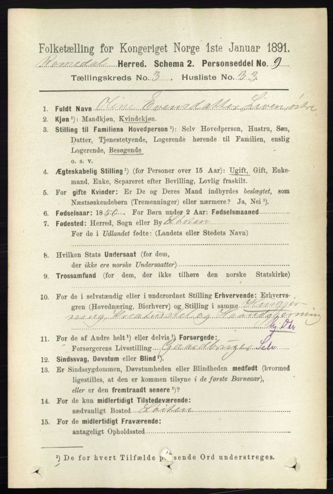 RA, 1891 census for 0416 Romedal, 1891, p. 1604