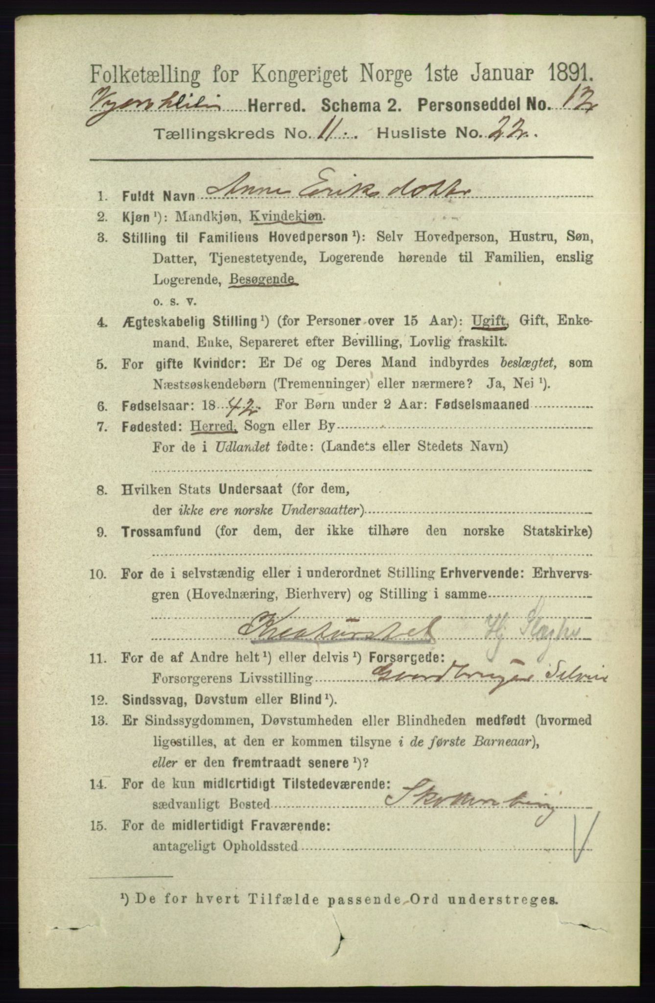 RA, 1891 census for 0912 Vegårshei, 1891, p. 2366