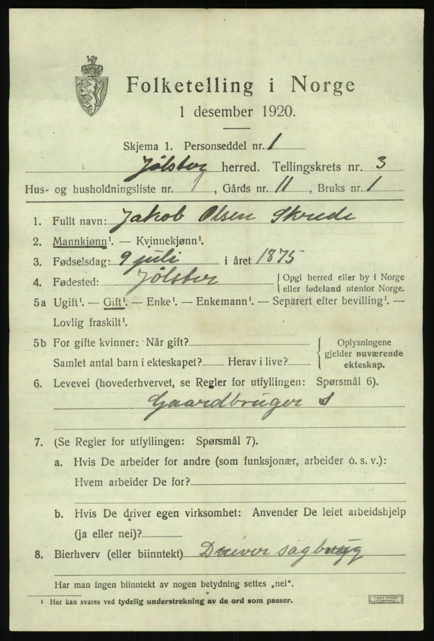 SAB, 1920 census for Jølster, 1920, p. 1958