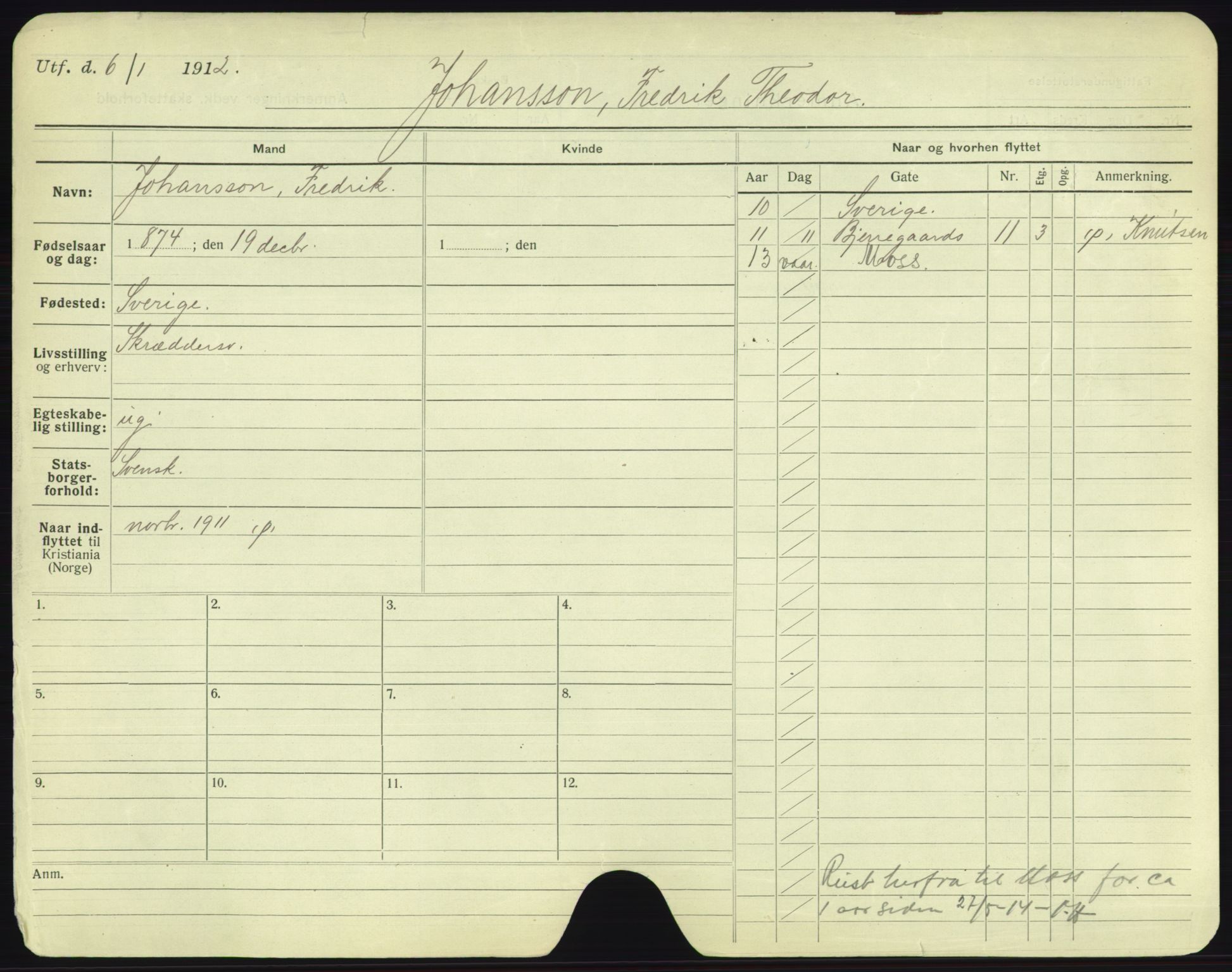 Oslo folkeregister, Registerkort, AV/SAO-A-11715/F/Fa/Fac/L0005: Menn, 1906-1914, p. 498a