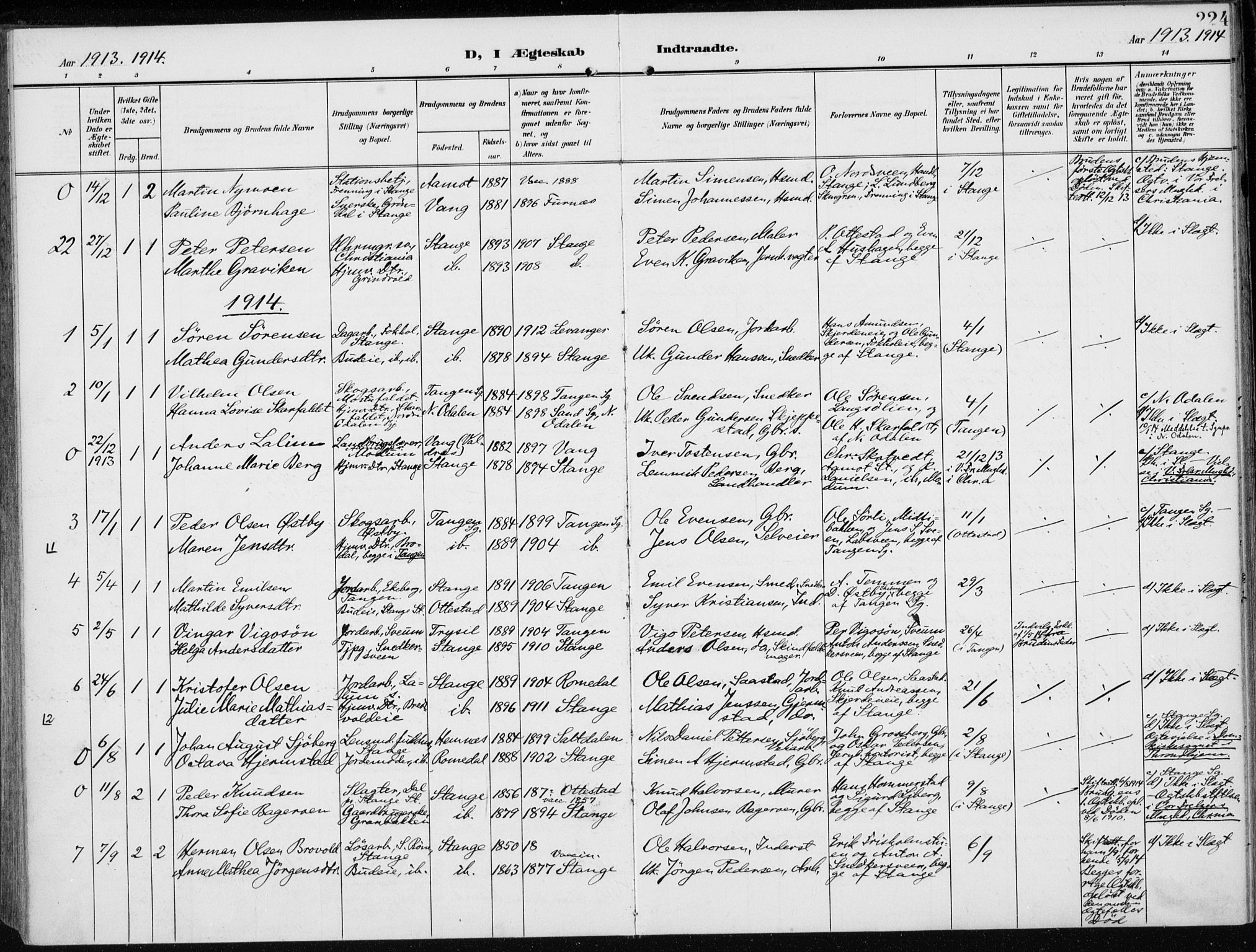 Stange prestekontor, AV/SAH-PREST-002/K/L0024: Parish register (official) no. 24, 1906-1922, p. 224