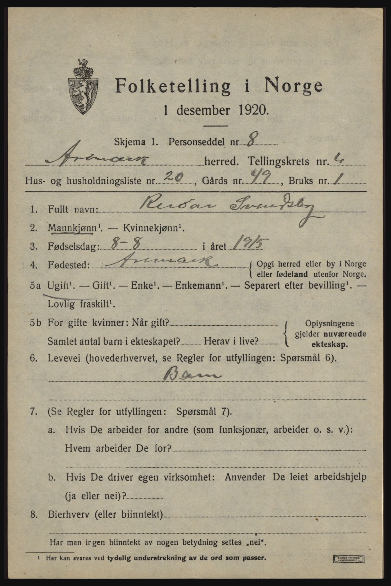 SAO, 1920 census for Aremark, 1920, p. 3955