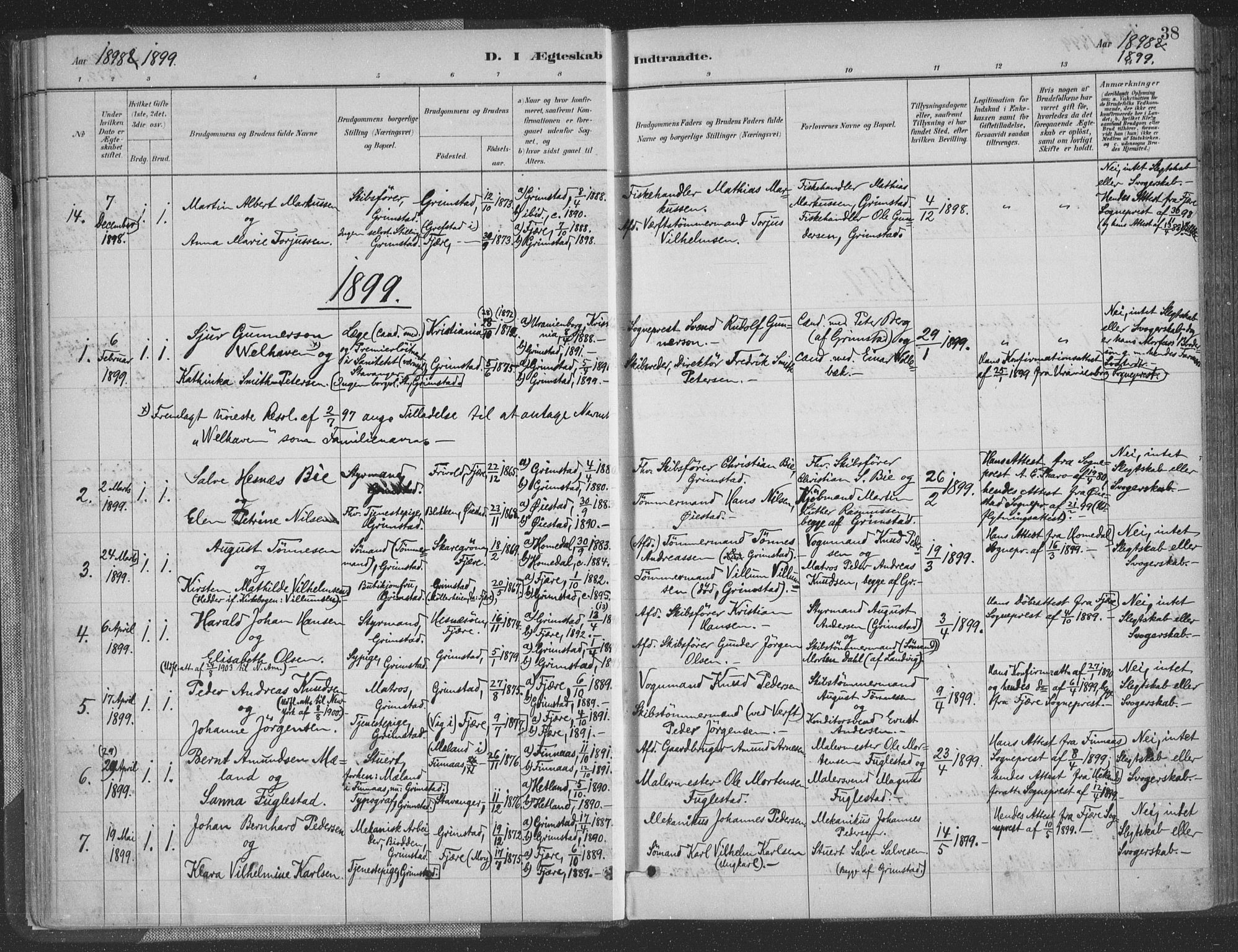 Grimstad sokneprestkontor, SAK/1111-0017/F/Fa/L0004: Parish register (official) no. A 3, 1882-1910, p. 38