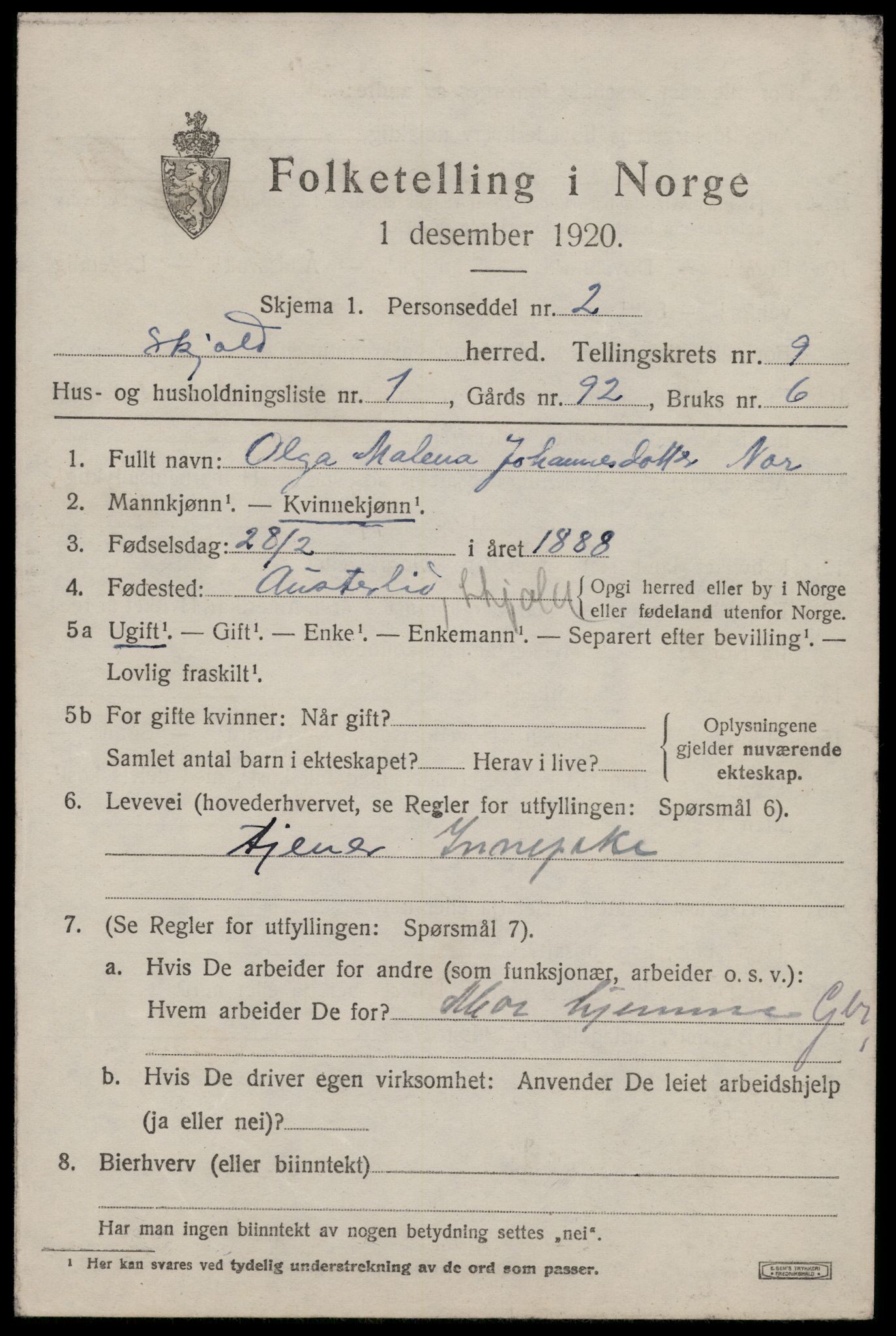 SAST, 1920 census for Skjold, 1920, p. 4386