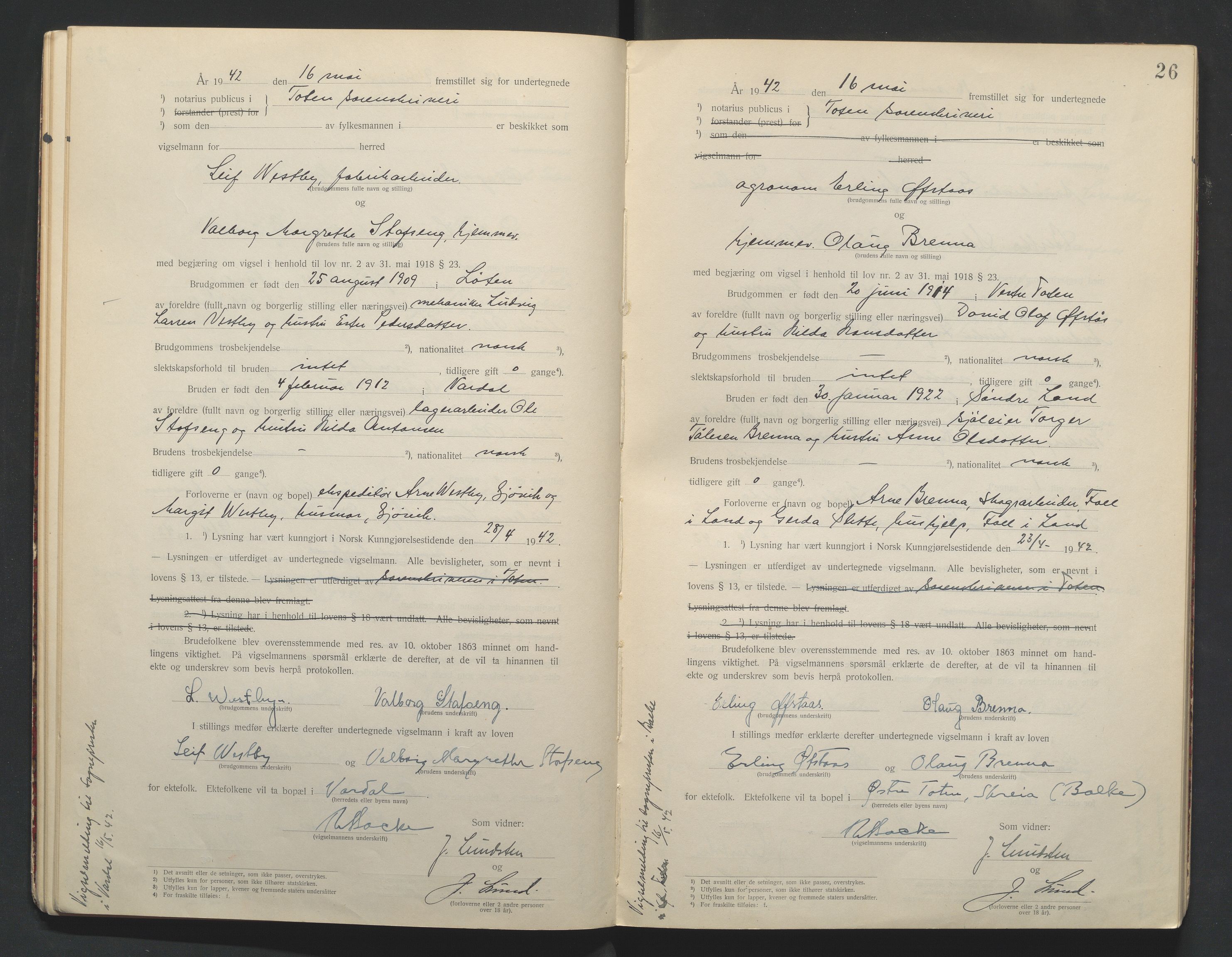 Toten tingrett, AV/SAH-TING-006/L/Lc/L0001: Vigselbok, 1920-1942, p. 26