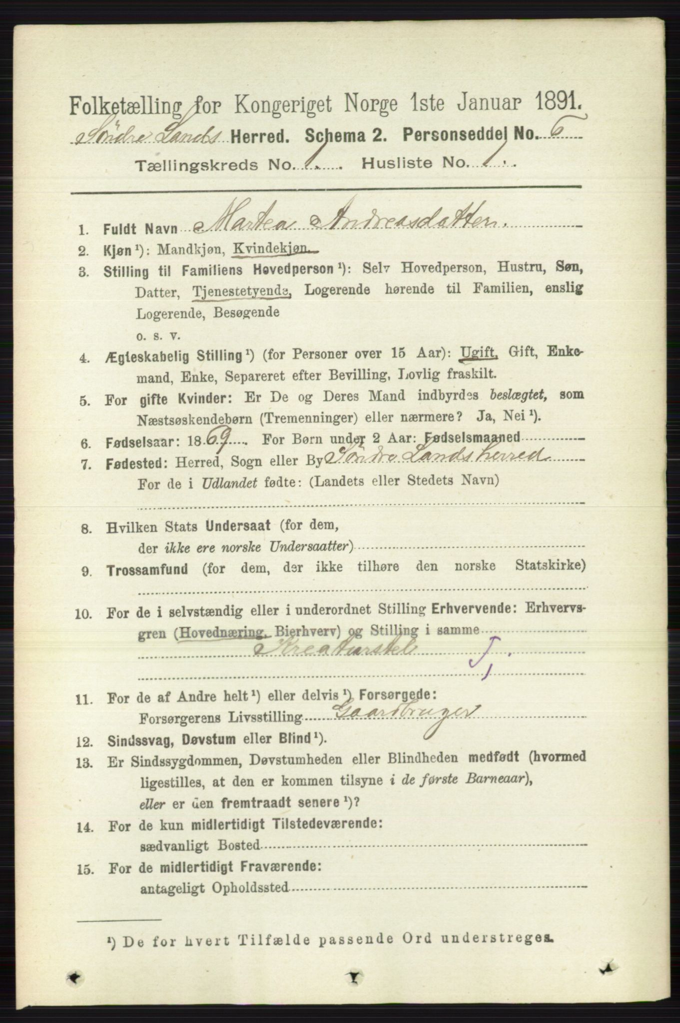 RA, 1891 census for 0536 Søndre Land, 1891, p. 137