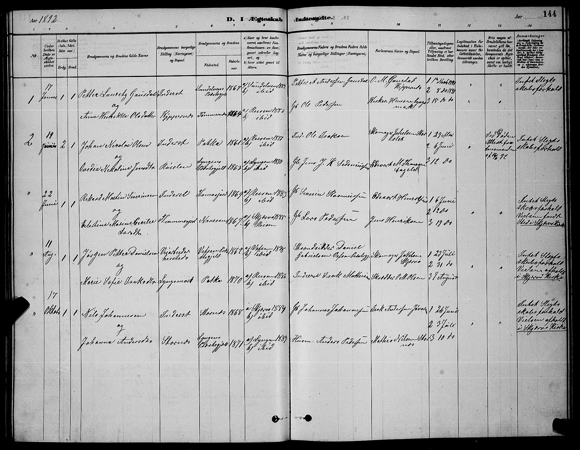 Skjervøy sokneprestkontor, AV/SATØ-S-1300/H/Ha/Hab/L0020klokker: Parish register (copy) no. 20, 1878-1892, p. 144