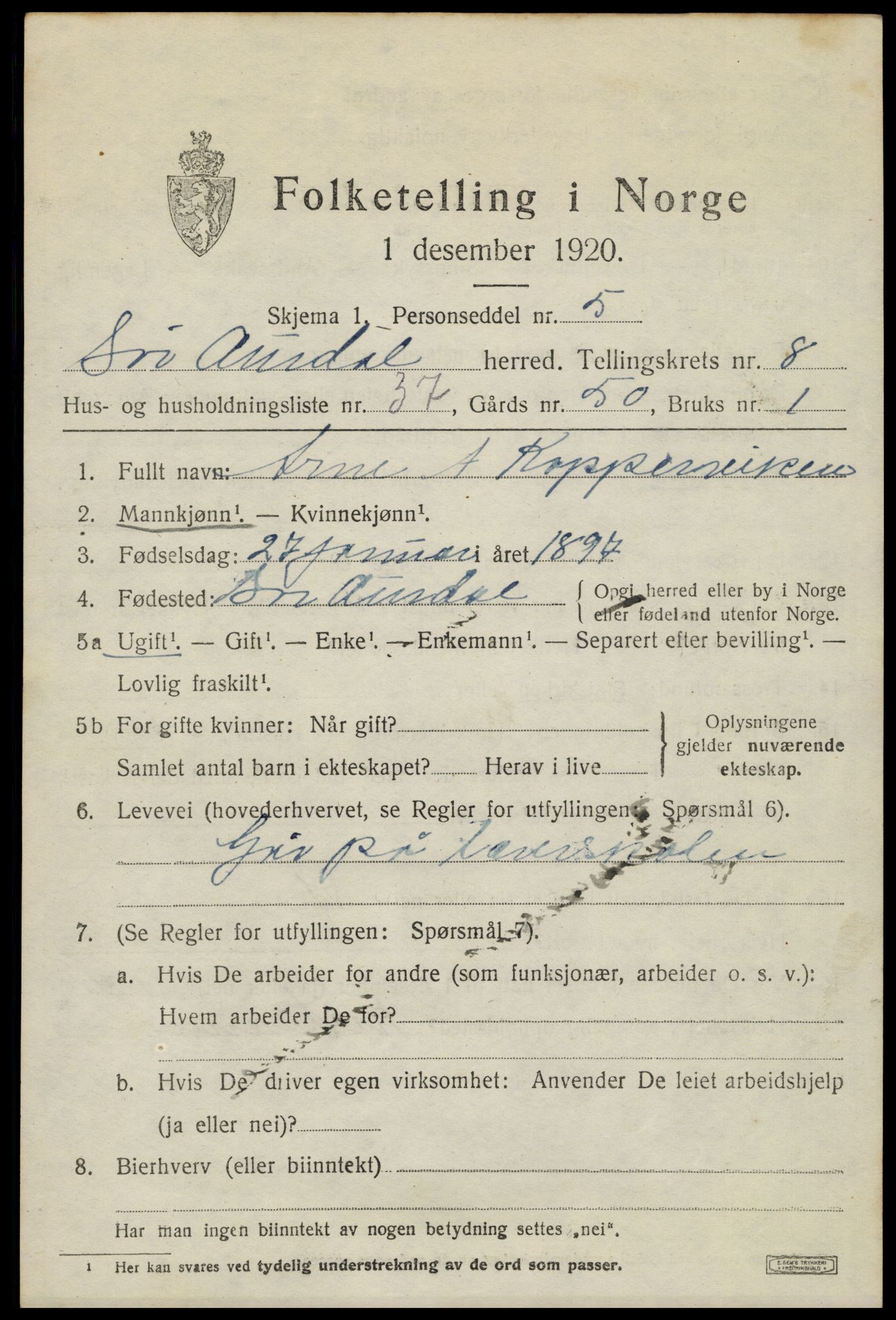 SAH, 1920 census for Sør-Aurdal, 1920, p. 5205