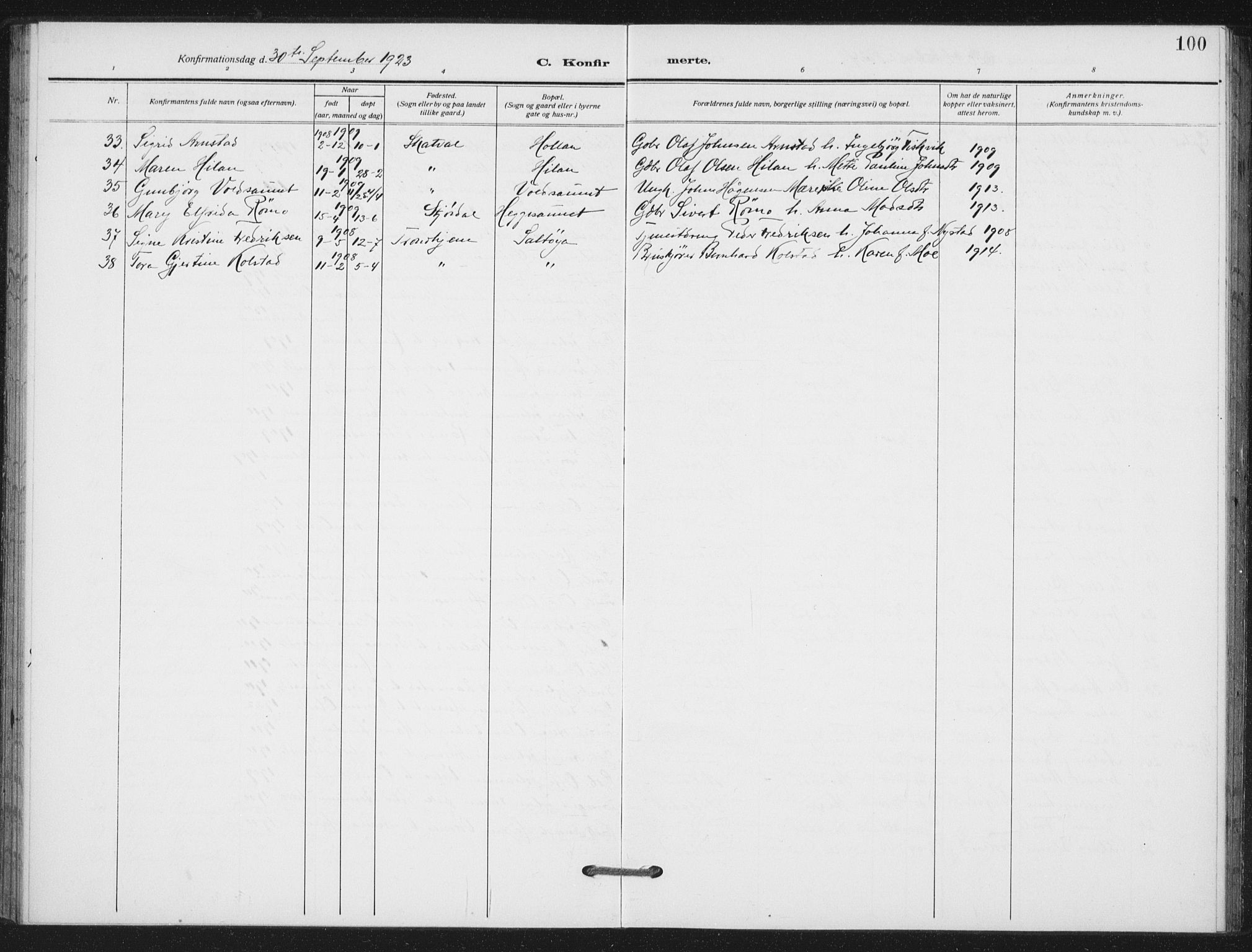 Ministerialprotokoller, klokkerbøker og fødselsregistre - Nord-Trøndelag, SAT/A-1458/712/L0102: Parish register (official) no. 712A03, 1916-1929, p. 100