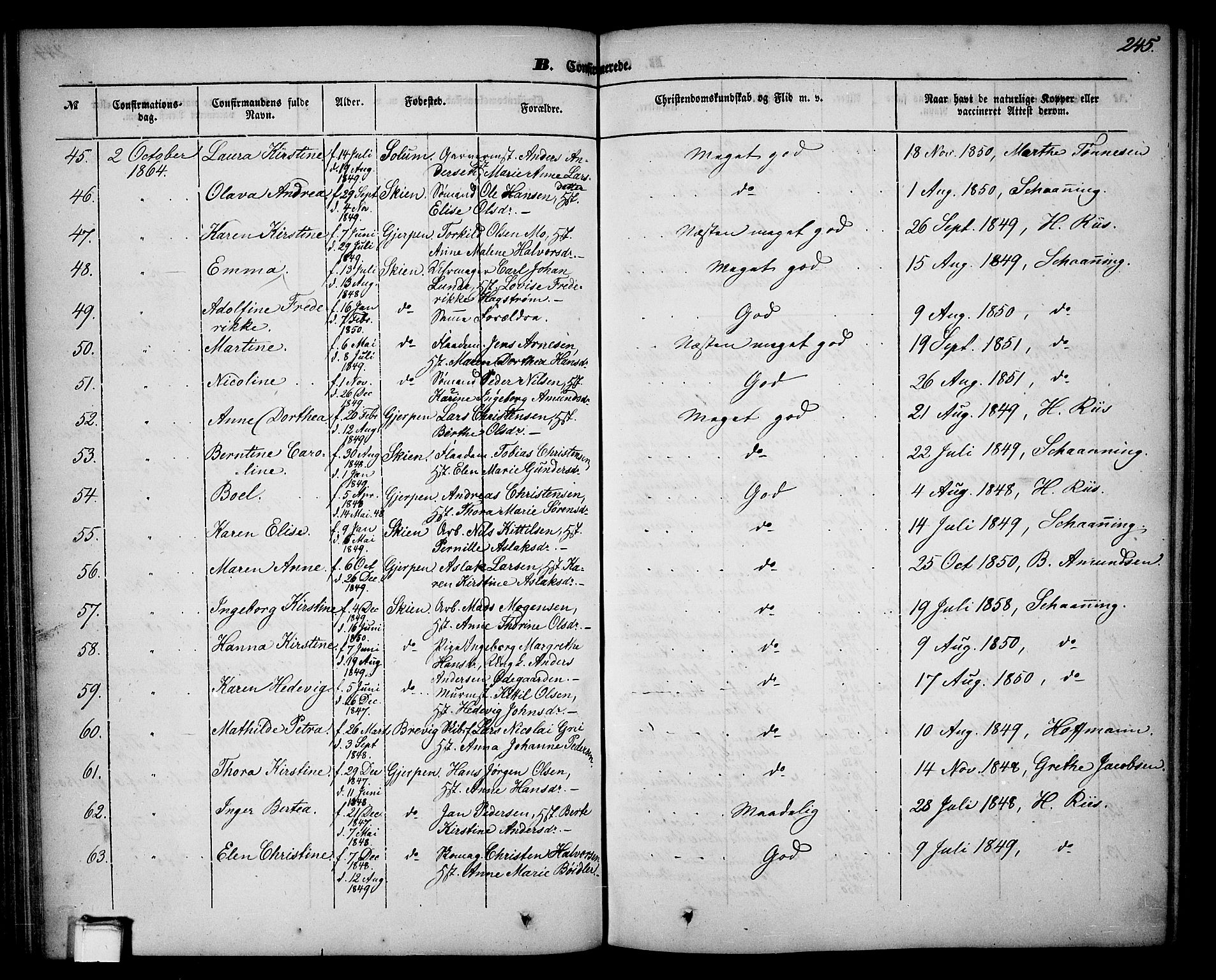 Skien kirkebøker, SAKO/A-302/G/Ga/L0004: Parish register (copy) no. 4, 1843-1867, p. 245