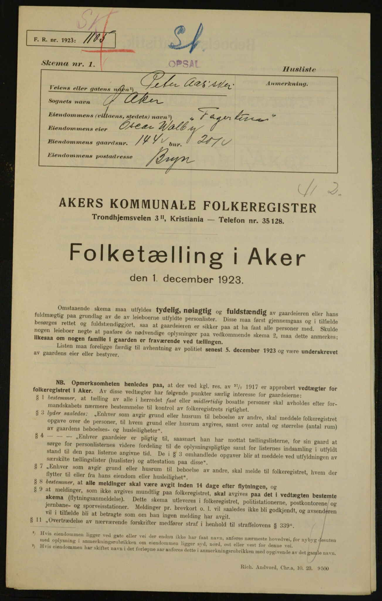 , Municipal Census 1923 for Aker, 1923, p. 29531