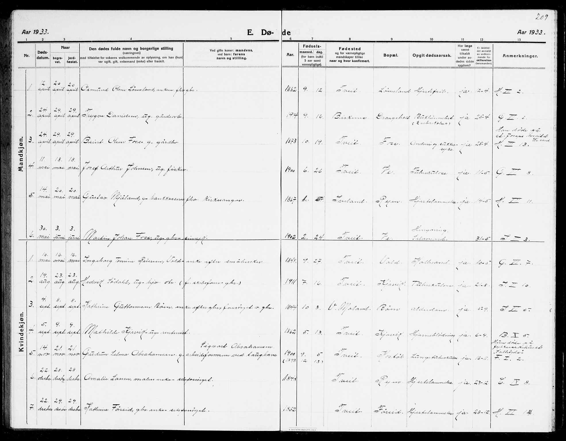 Tveit sokneprestkontor, AV/SAK-1111-0043/F/Fb/L0005: Parish register (copy) no. B 5, 1915-1941, p. 209