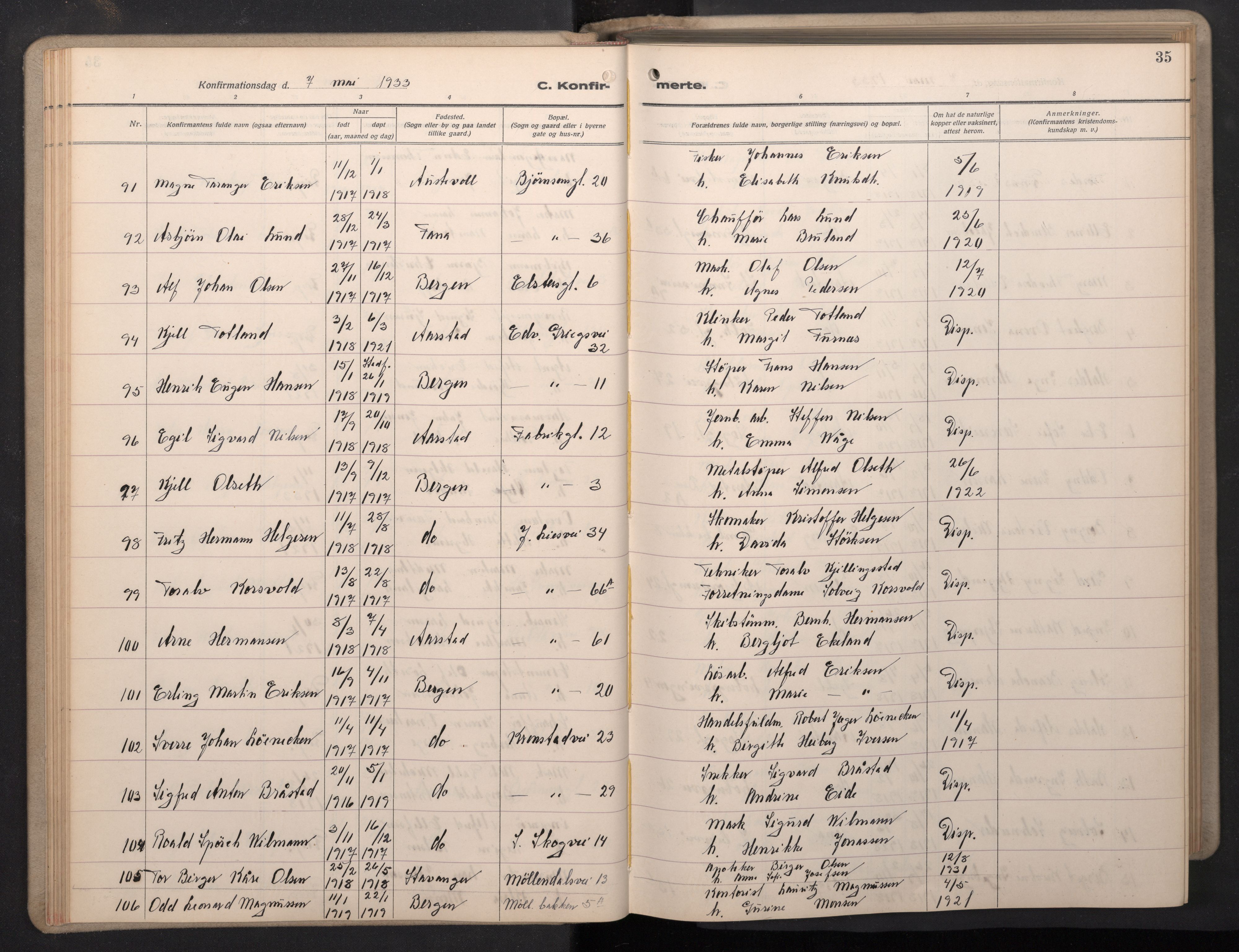 Årstad Sokneprestembete, AV/SAB-A-79301/H/Hab/L0015: Parish register (copy) no. B 5, 1932-1945, p. 34b-35a