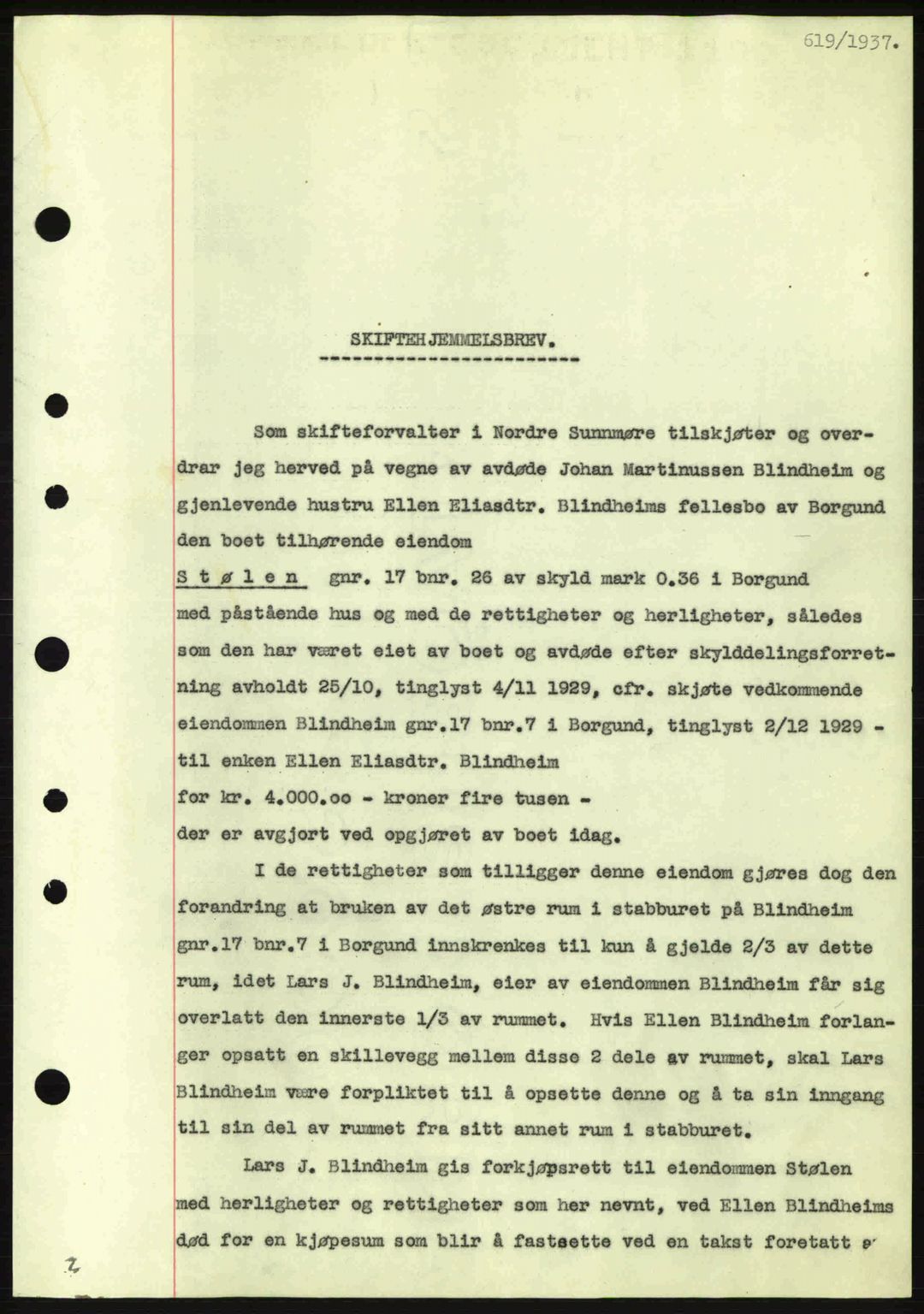 Nordre Sunnmøre sorenskriveri, AV/SAT-A-0006/1/2/2C/2Ca: Mortgage book no. A2, 1936-1937, Diary no: : 619/1937