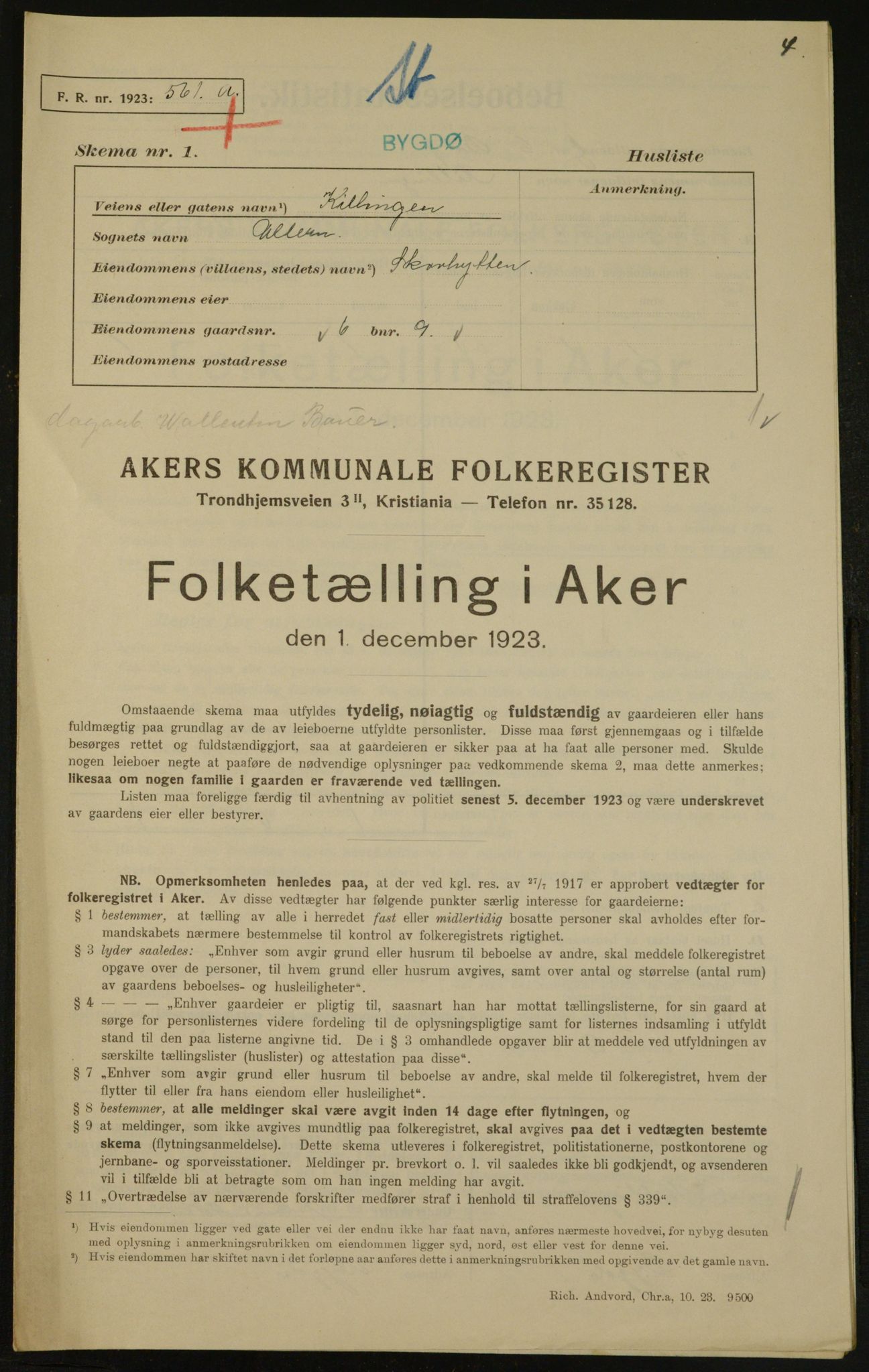 , Municipal Census 1923 for Aker, 1923, p. 3266