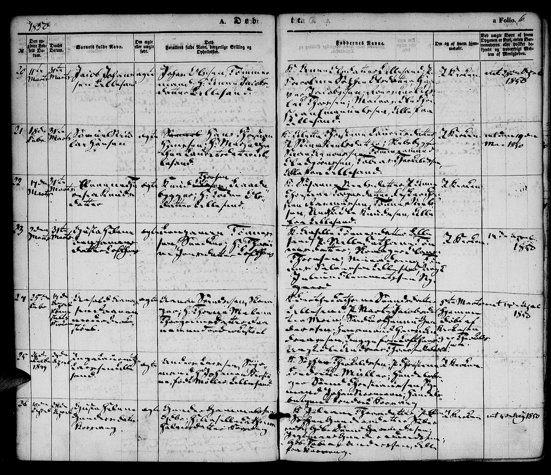 Vestre Moland sokneprestkontor, AV/SAK-1111-0046/F/Fa/Fab/L0006: Parish register (official) no. A 6, 1850-1858, p. 6