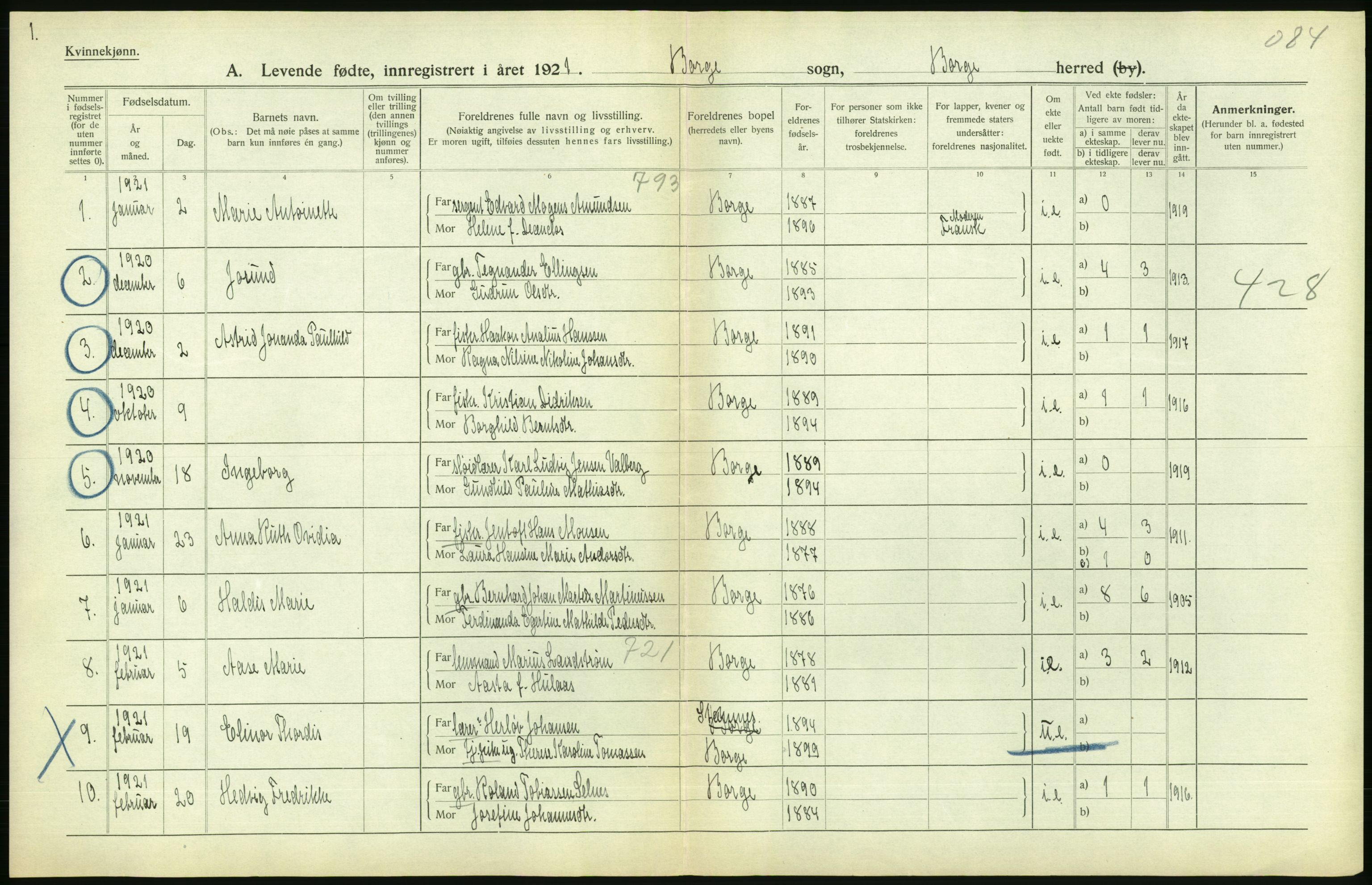 Statistisk sentralbyrå, Sosiodemografiske emner, Befolkning, AV/RA-S-2228/D/Df/Dfc/Dfca/L0049: Nordland fylke: Levendefødte menn og kvinner. Bygder., 1921, p. 324