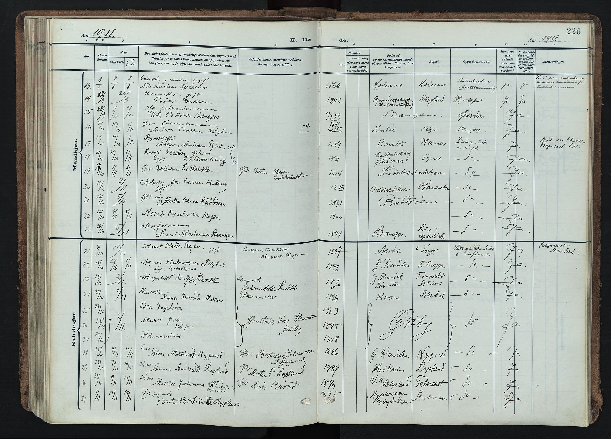 Tynset prestekontor, AV/SAH-PREST-058/H/Ha/Haa/L0026: Parish register (official) no. 26, 1915-1929, p. 226