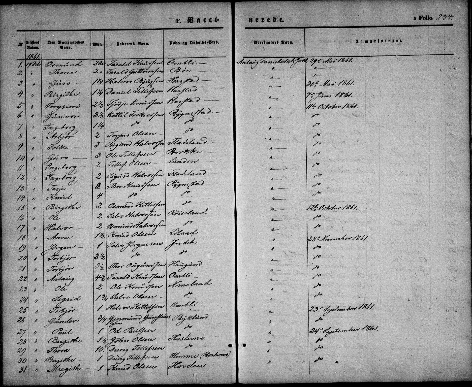 Valle sokneprestkontor, SAK/1111-0044/F/Fa/Fac/L0007: Parish register (official) no. A 7, 1854-1868, p. 234