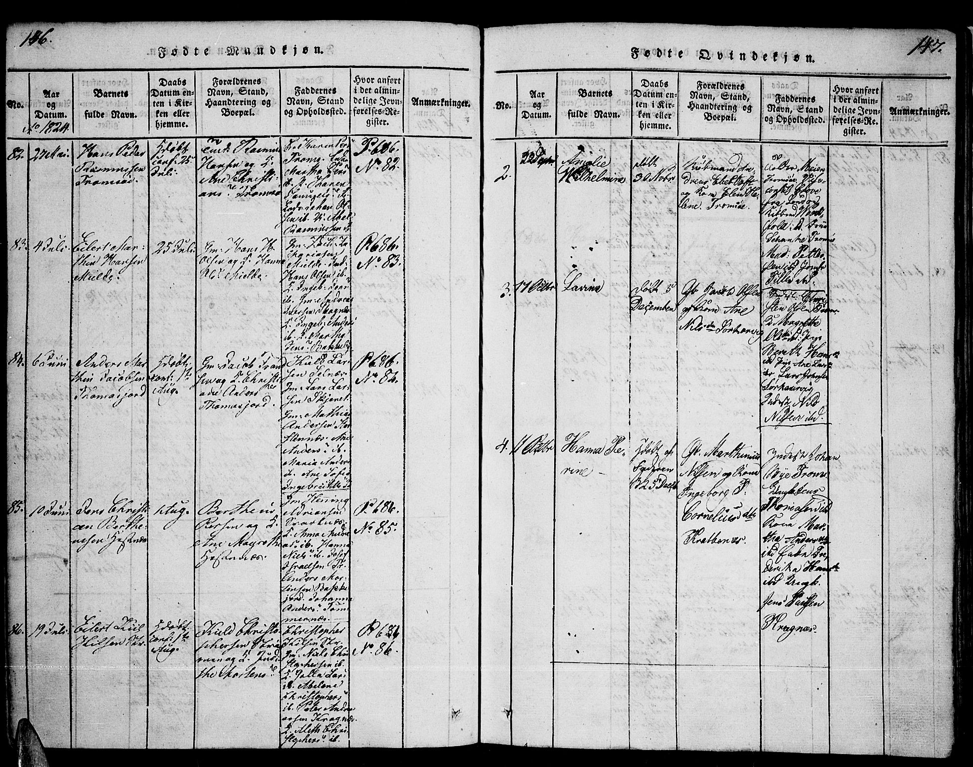 Tromsø sokneprestkontor/stiftsprosti/domprosti, AV/SATØ-S-1343/G/Ga/L0007kirke: Parish register (official) no. 7, 1821-1828, p. 146-147