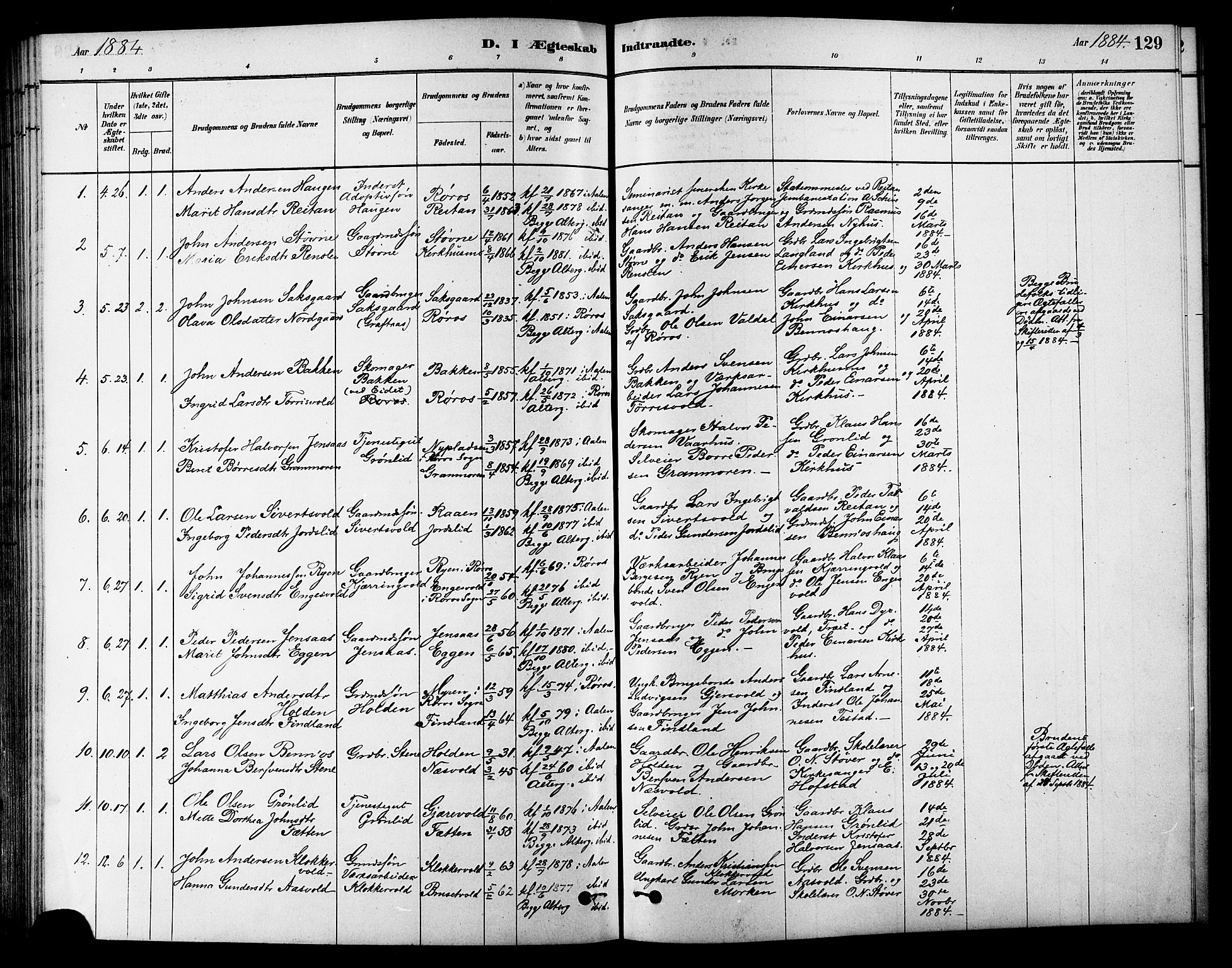 Ministerialprotokoller, klokkerbøker og fødselsregistre - Sør-Trøndelag, SAT/A-1456/686/L0983: Parish register (official) no. 686A01, 1879-1890, p. 129