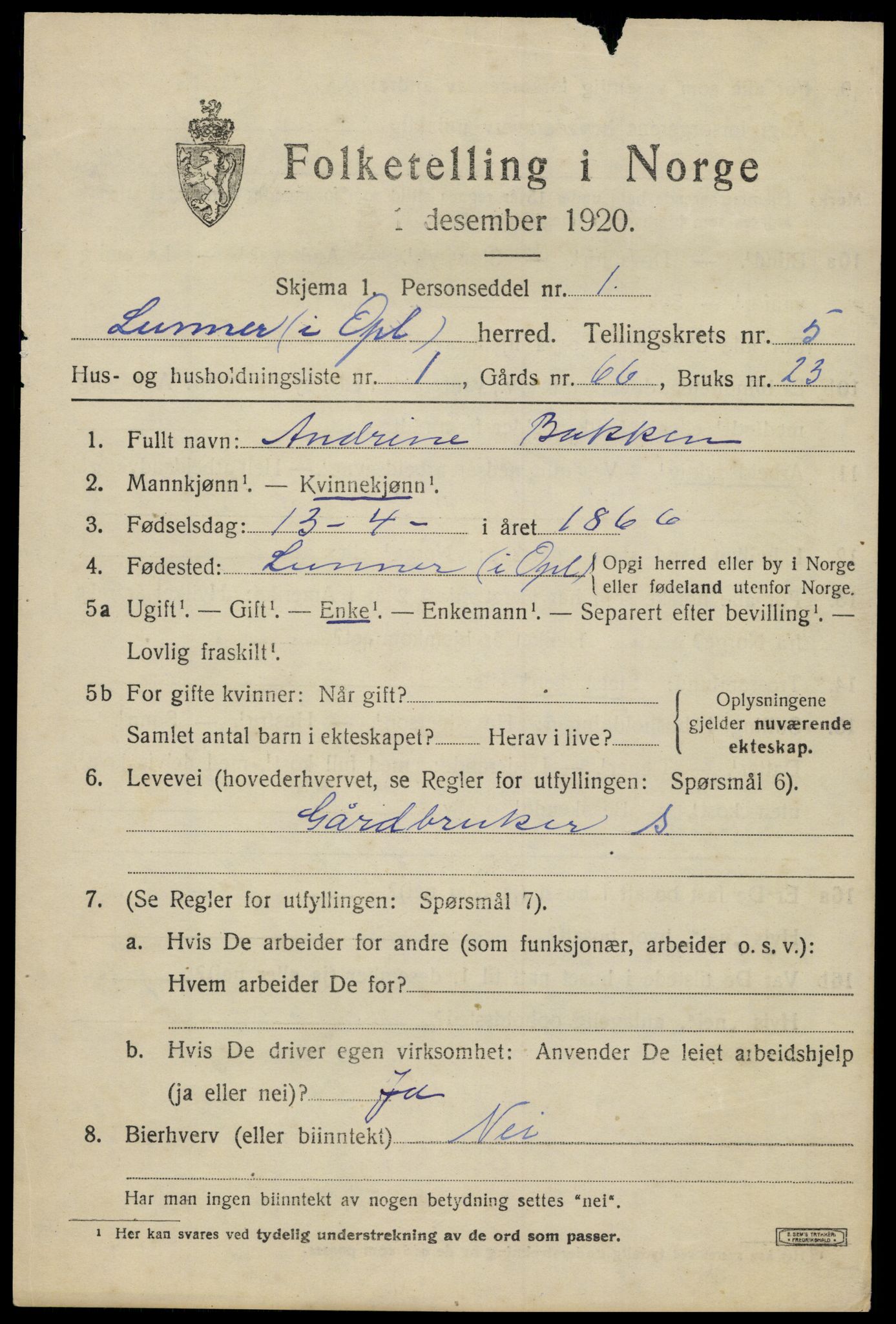 SAH, 1920 census for Lunner, 1920, p. 6915