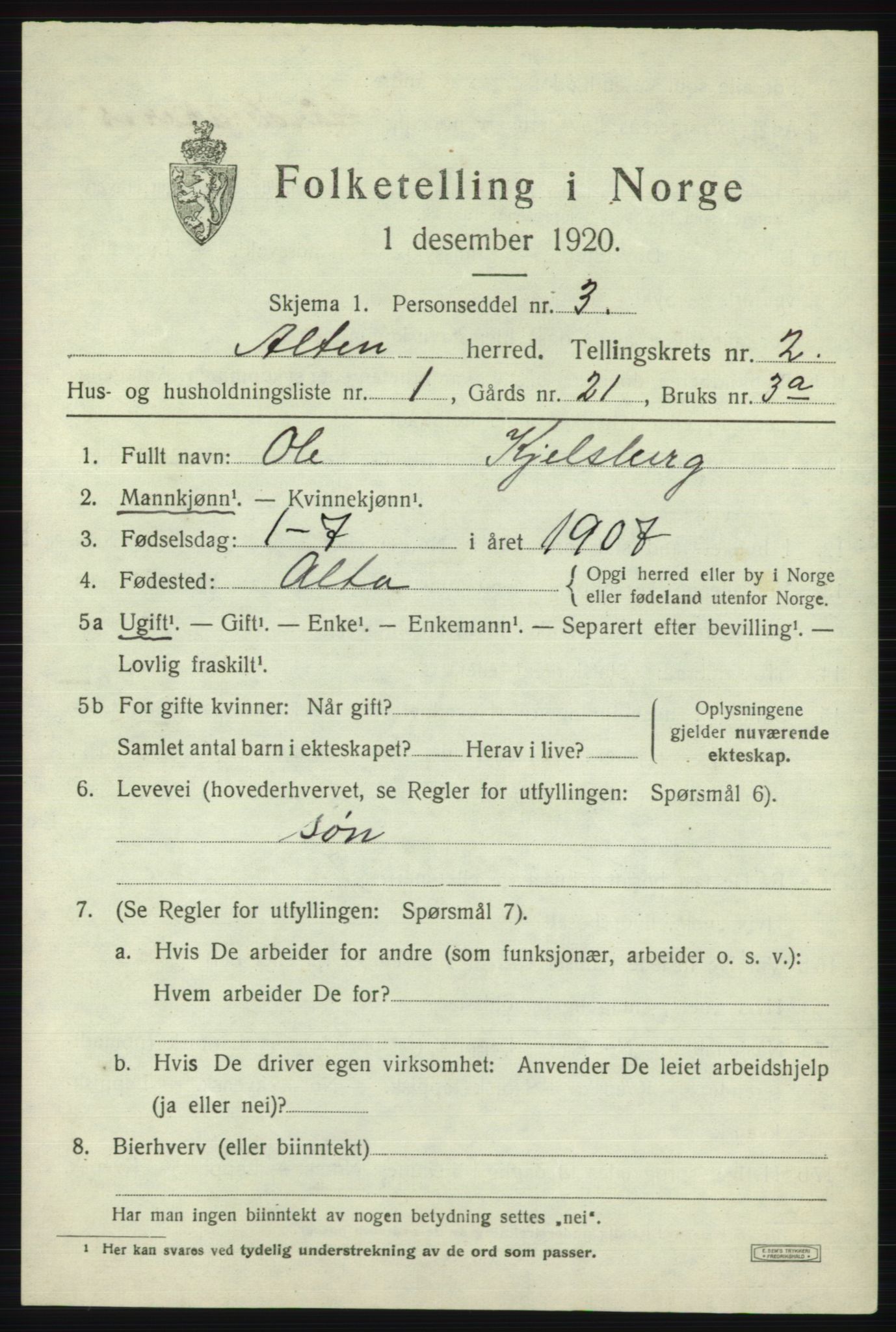 SATØ, 1920 census for Alta, 1920, p. 1991