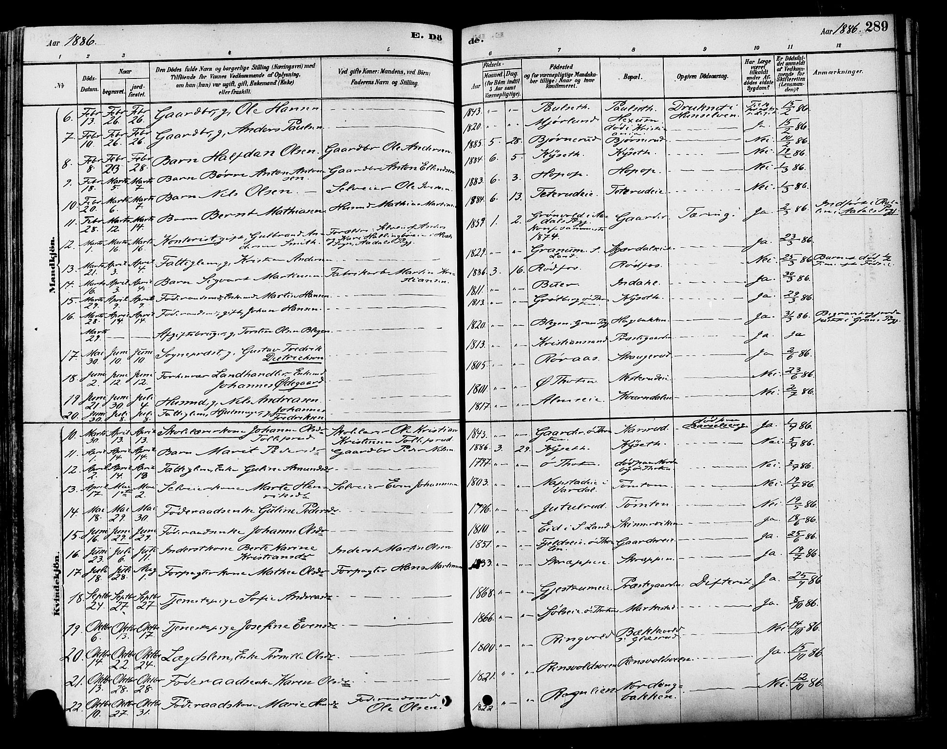 Vestre Toten prestekontor, AV/SAH-PREST-108/H/Ha/Haa/L0009: Parish register (official) no. 9, 1878-1894, p. 289