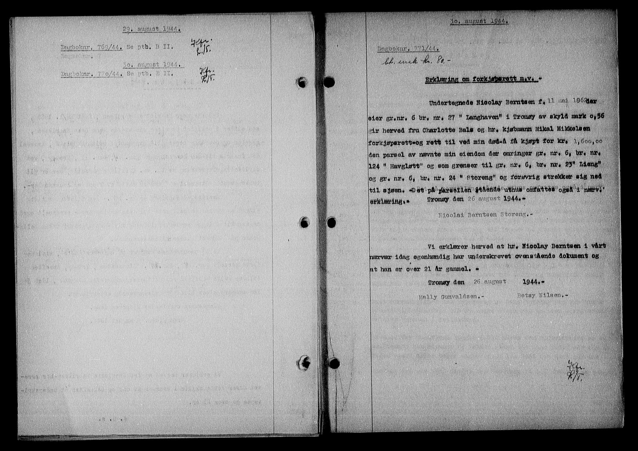Nedenes sorenskriveri, SAK/1221-0006/G/Gb/Gba/L0051: Mortgage book no. A-V, 1943-1944, Diary no: : 771/1944
