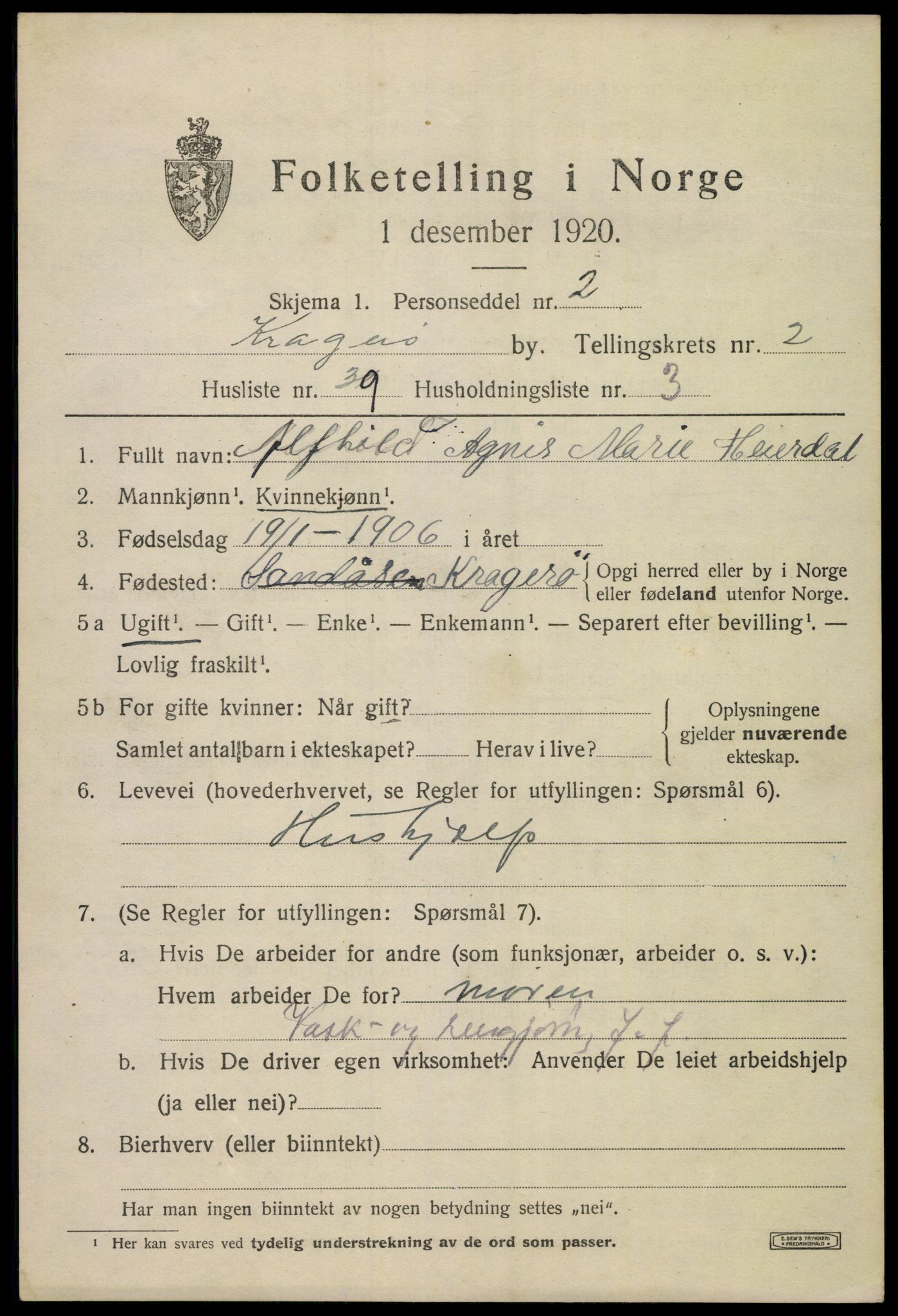 SAKO, 1920 census for Kragerø, 1920, p. 5831