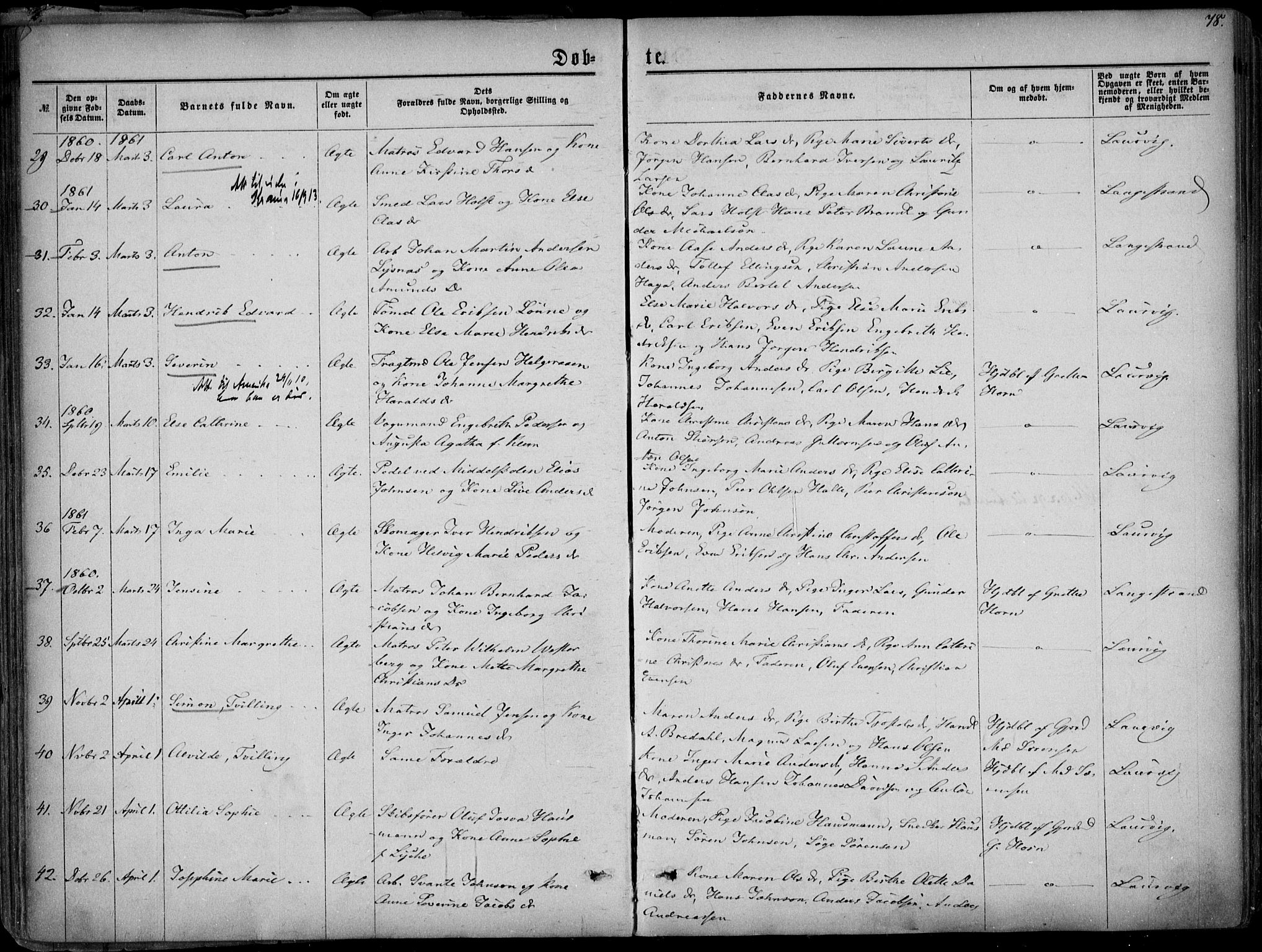 Larvik kirkebøker, SAKO/A-352/F/Fa/L0004: Parish register (official) no. I 4, 1856-1870, p. 78