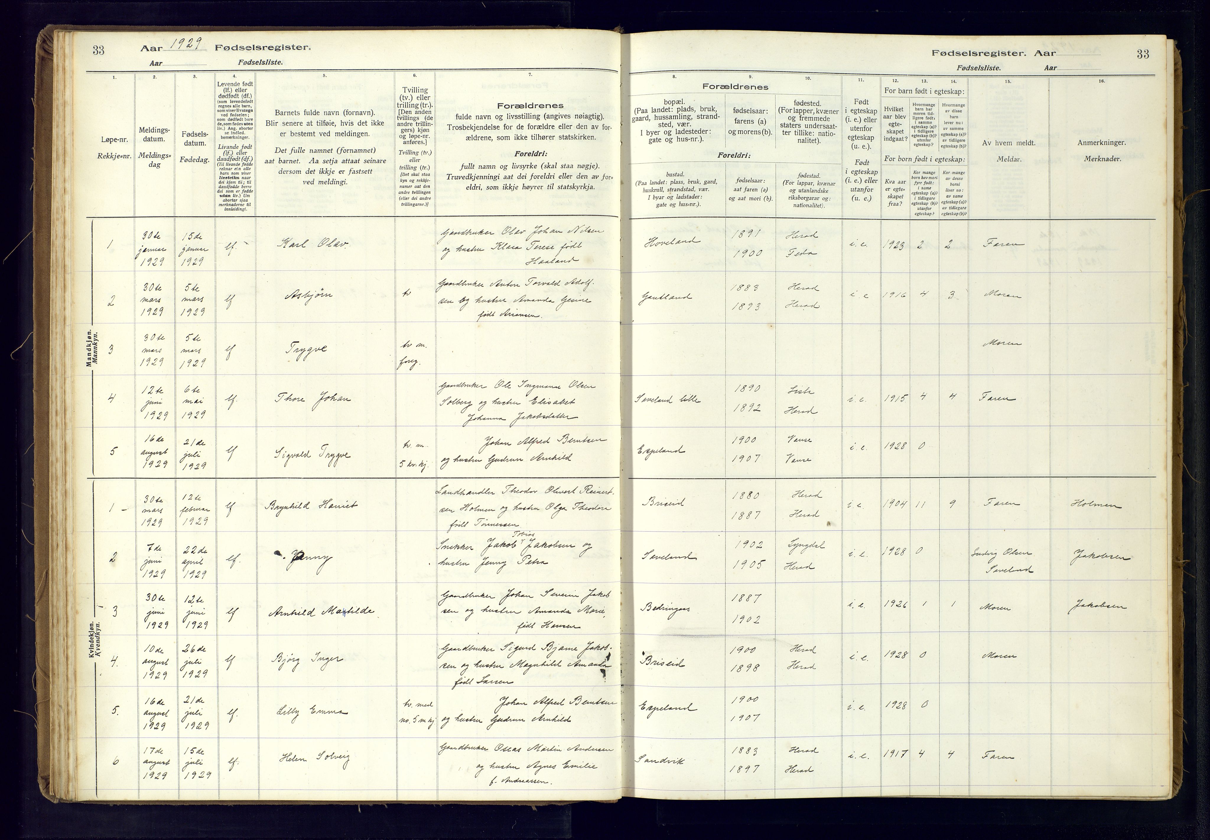 Herad sokneprestkontor, AV/SAK-1111-0018/J/Ja/L0001: Birth register no. A-VI-12, 1916-1981, p. 33