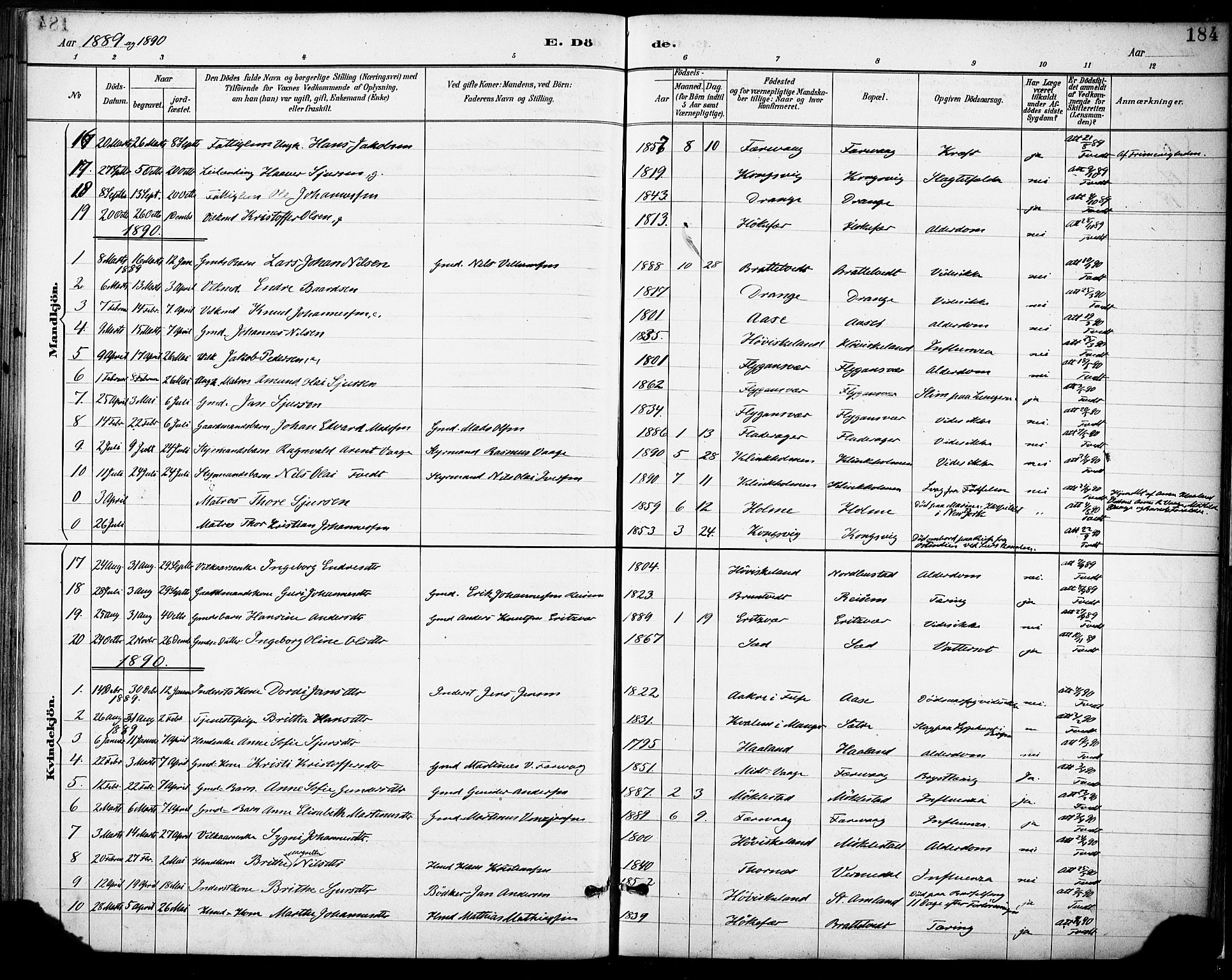 Tysnes sokneprestembete, AV/SAB-A-78601/H/Haa: Parish register (official) no. D 1, 1887-1904, p. 184