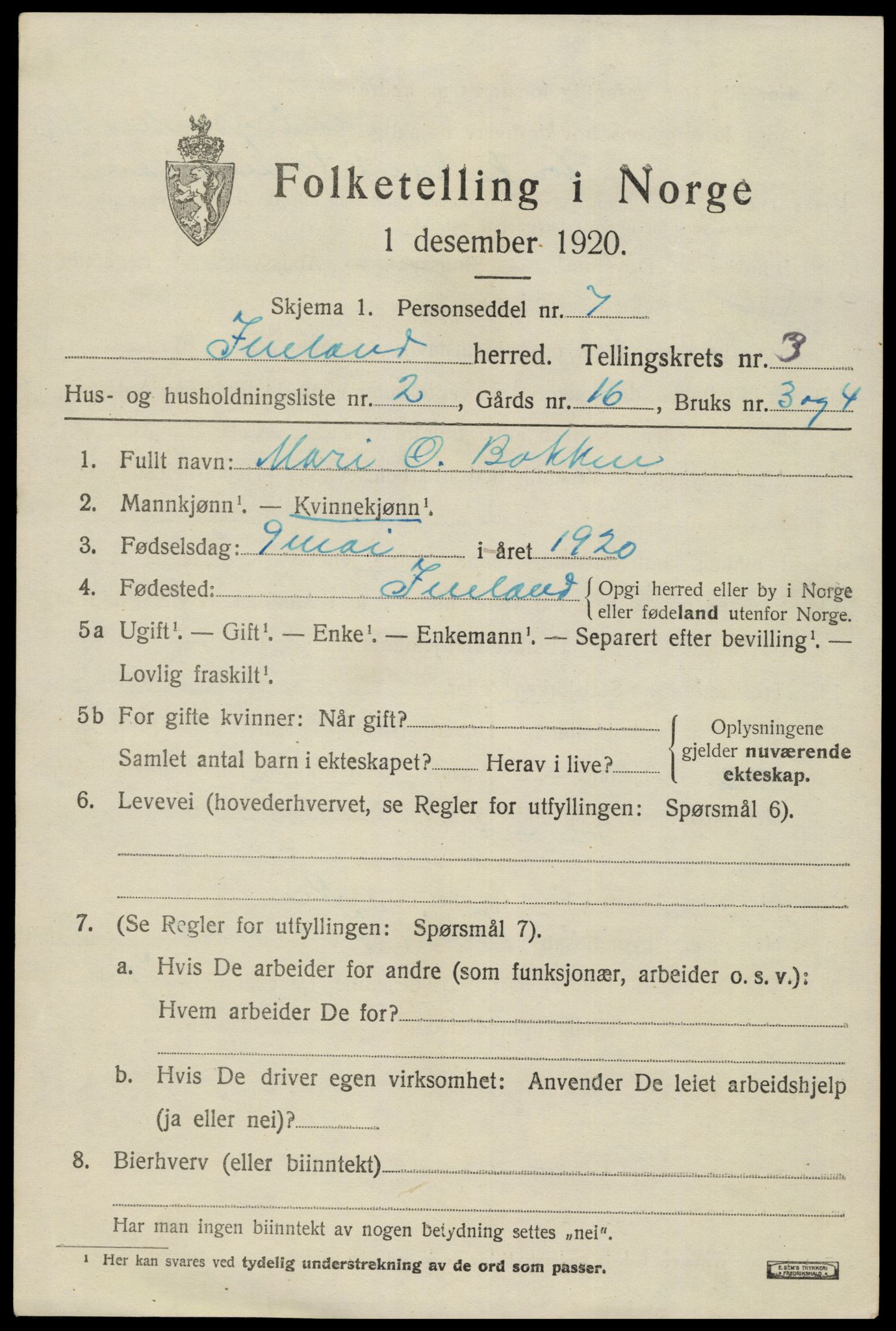SAK, 1920 census for Iveland, 1920, p. 959